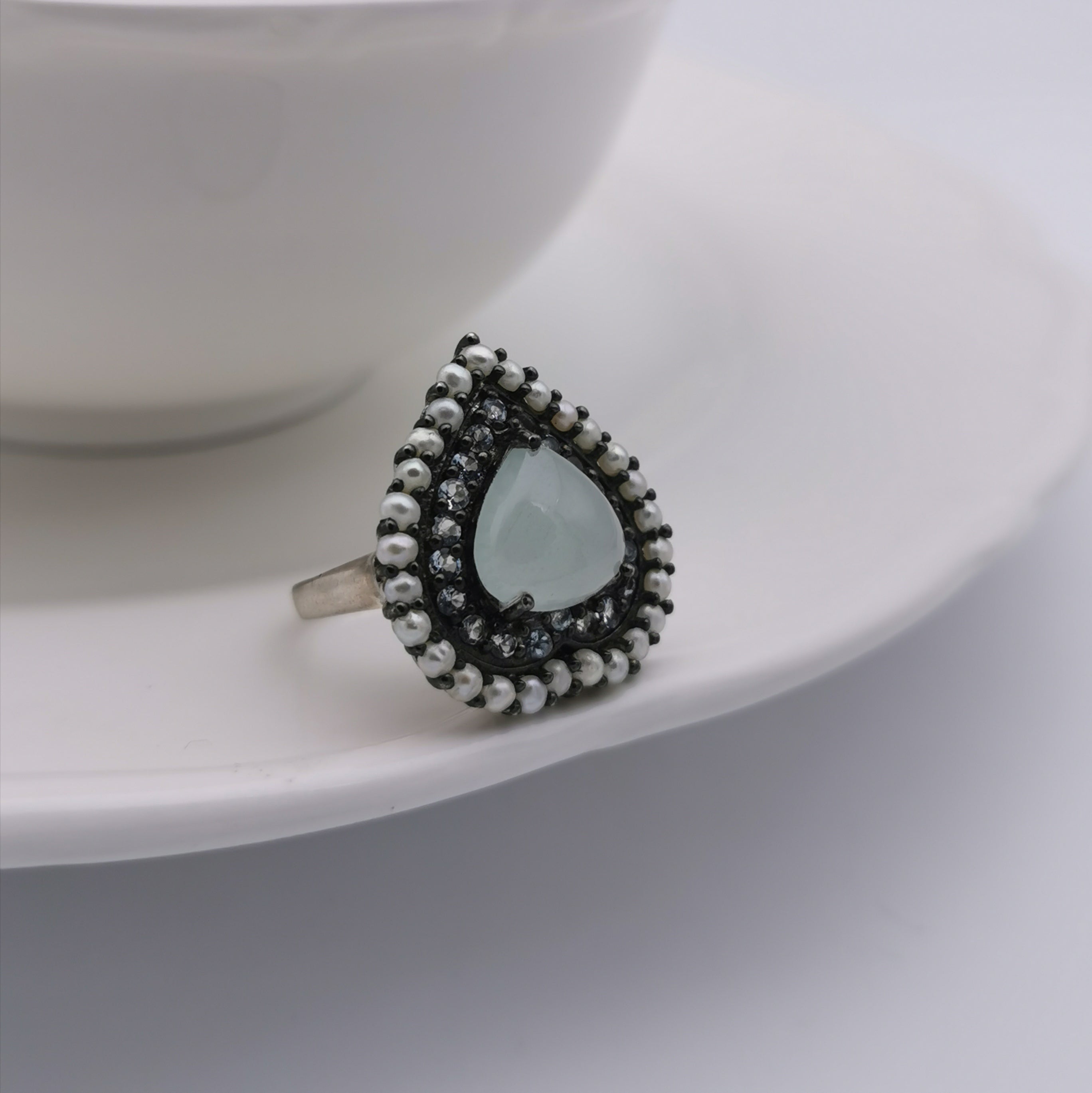 Sterling silver with freshwater pearl amd aquamarine heart ring