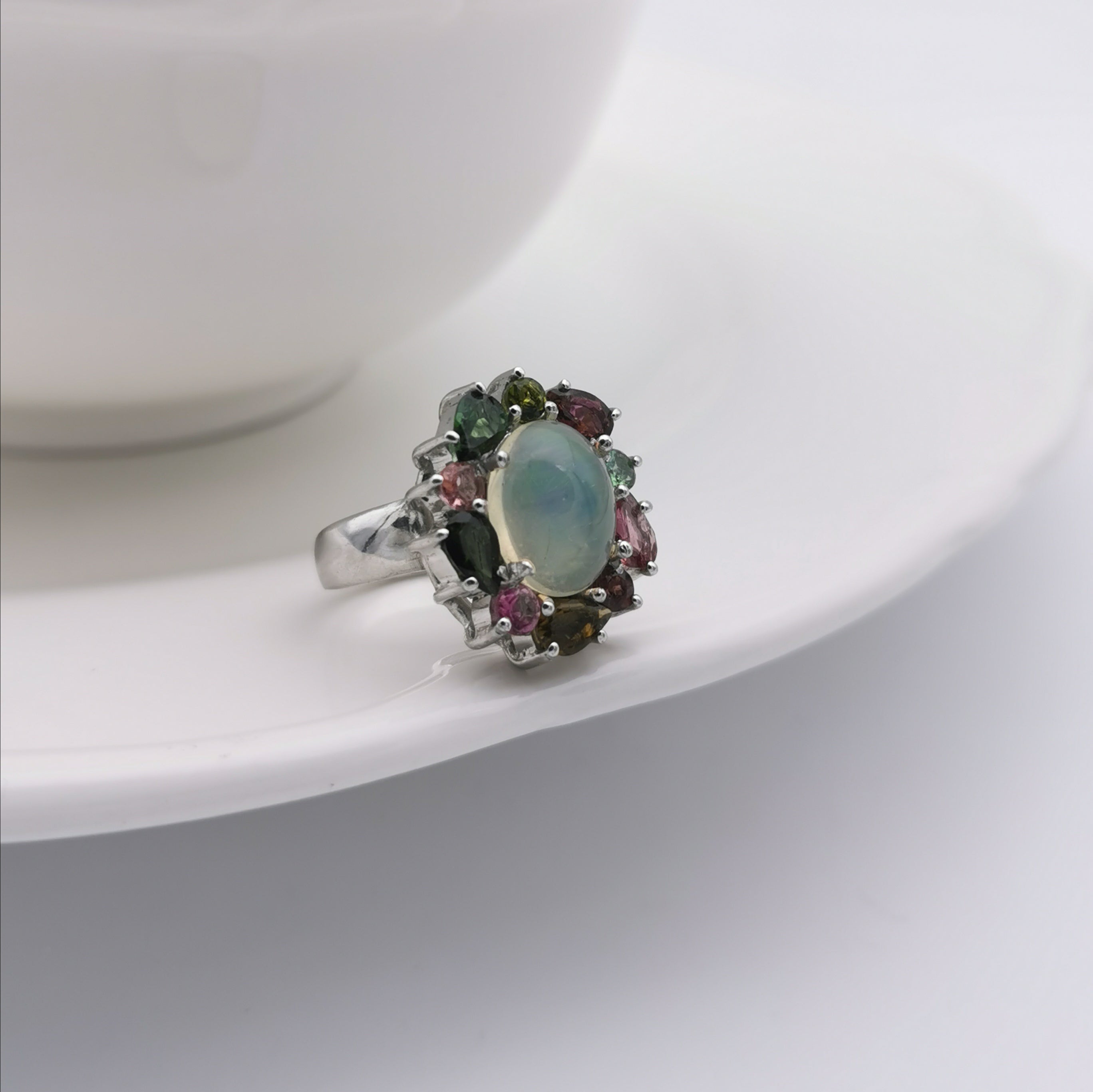 Sterling silver with Ethiopian opal and tourmaline ring