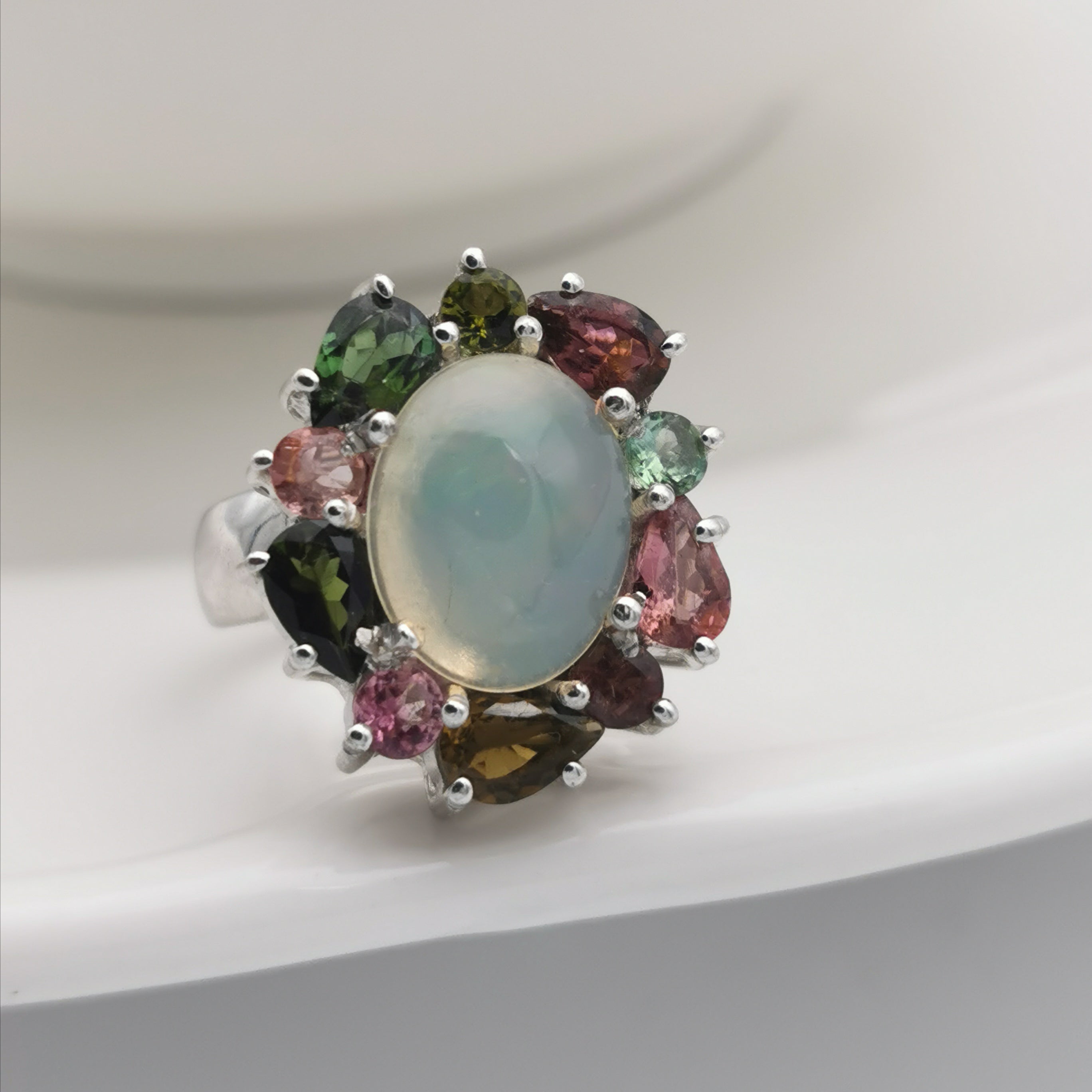Sterling silver with Ethiopian opal and tourmaline ring