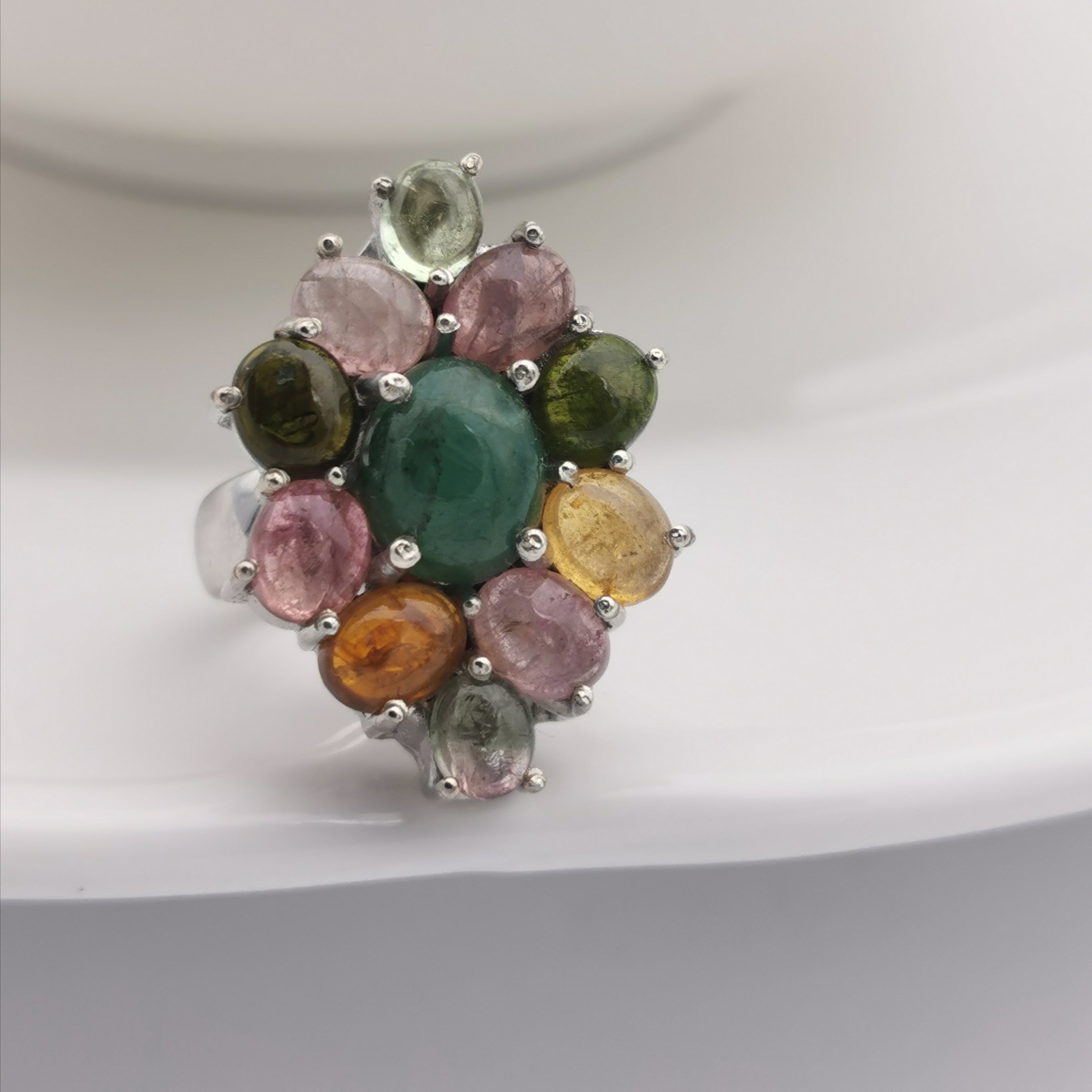 Sterling silver with tourmaline and emerld ring