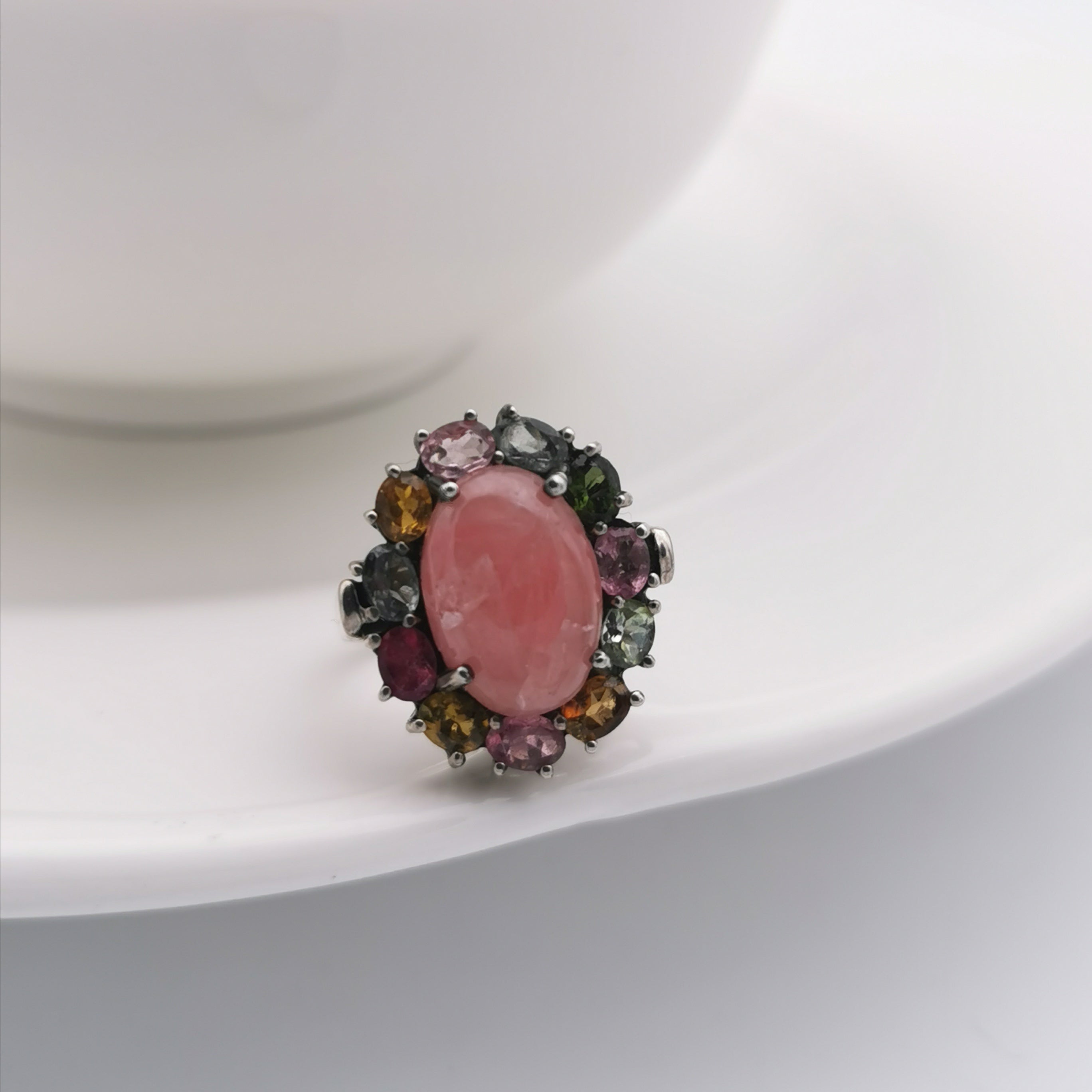 Sterling silver with rhodochrosite tourmaline ring