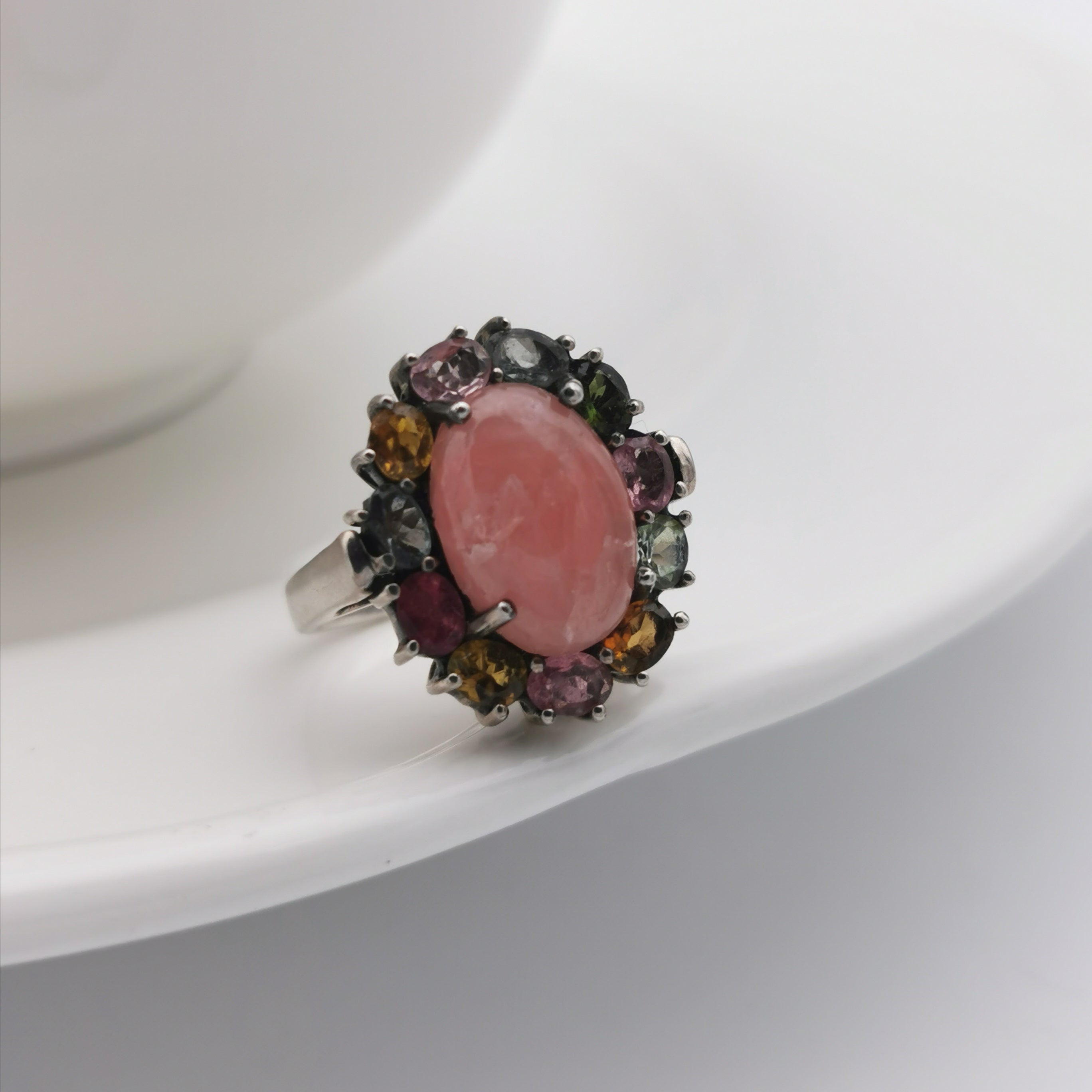 Sterling silver with rhodochrosite tourmaline ring
