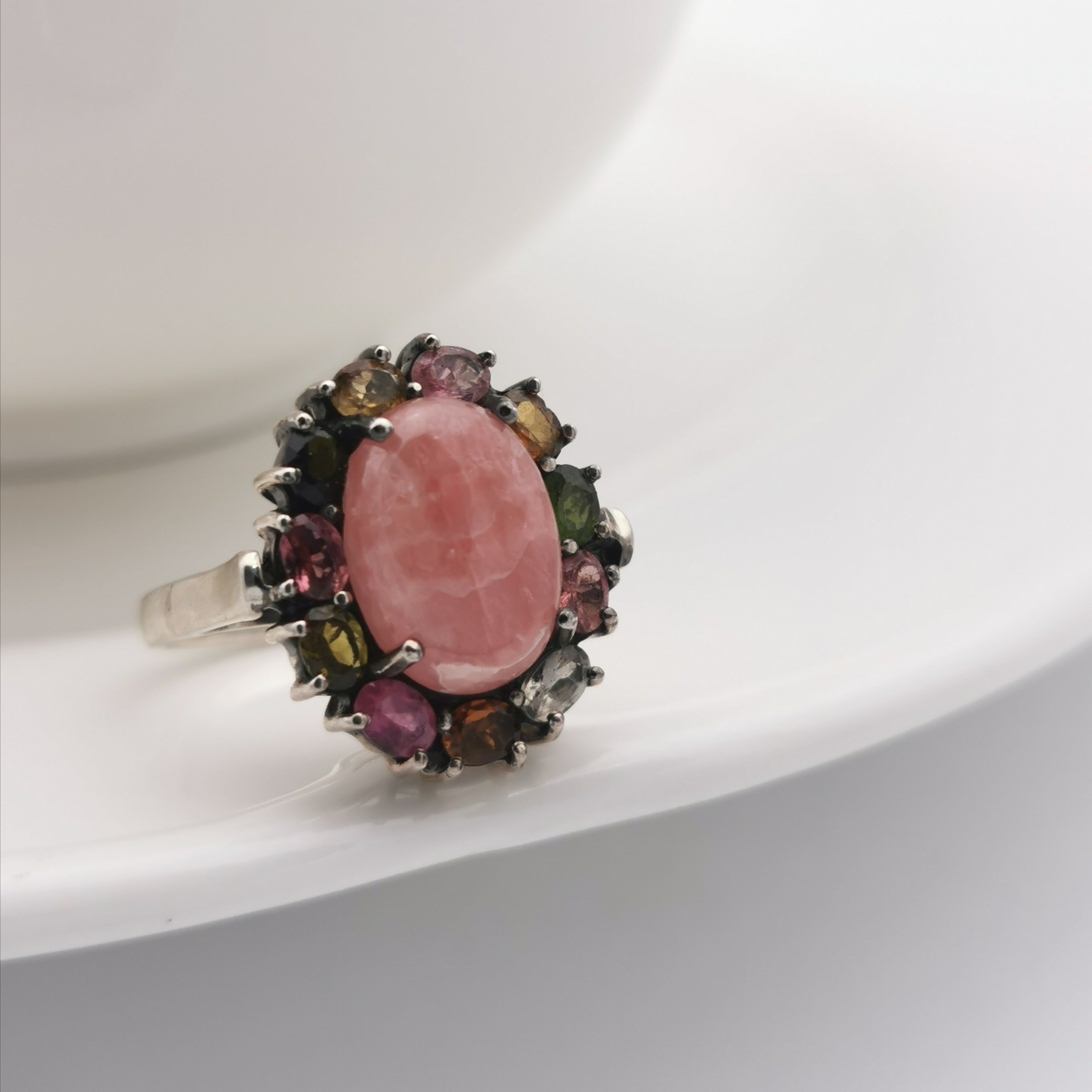 Sterling silver with rhodochrosite tourmaline ring