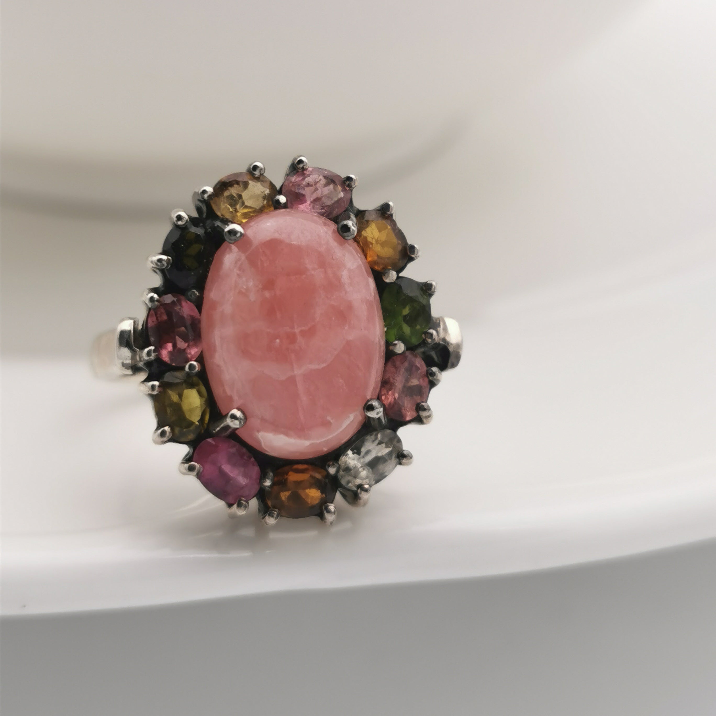 Sterling silver with rhodochrosite tourmaline ring