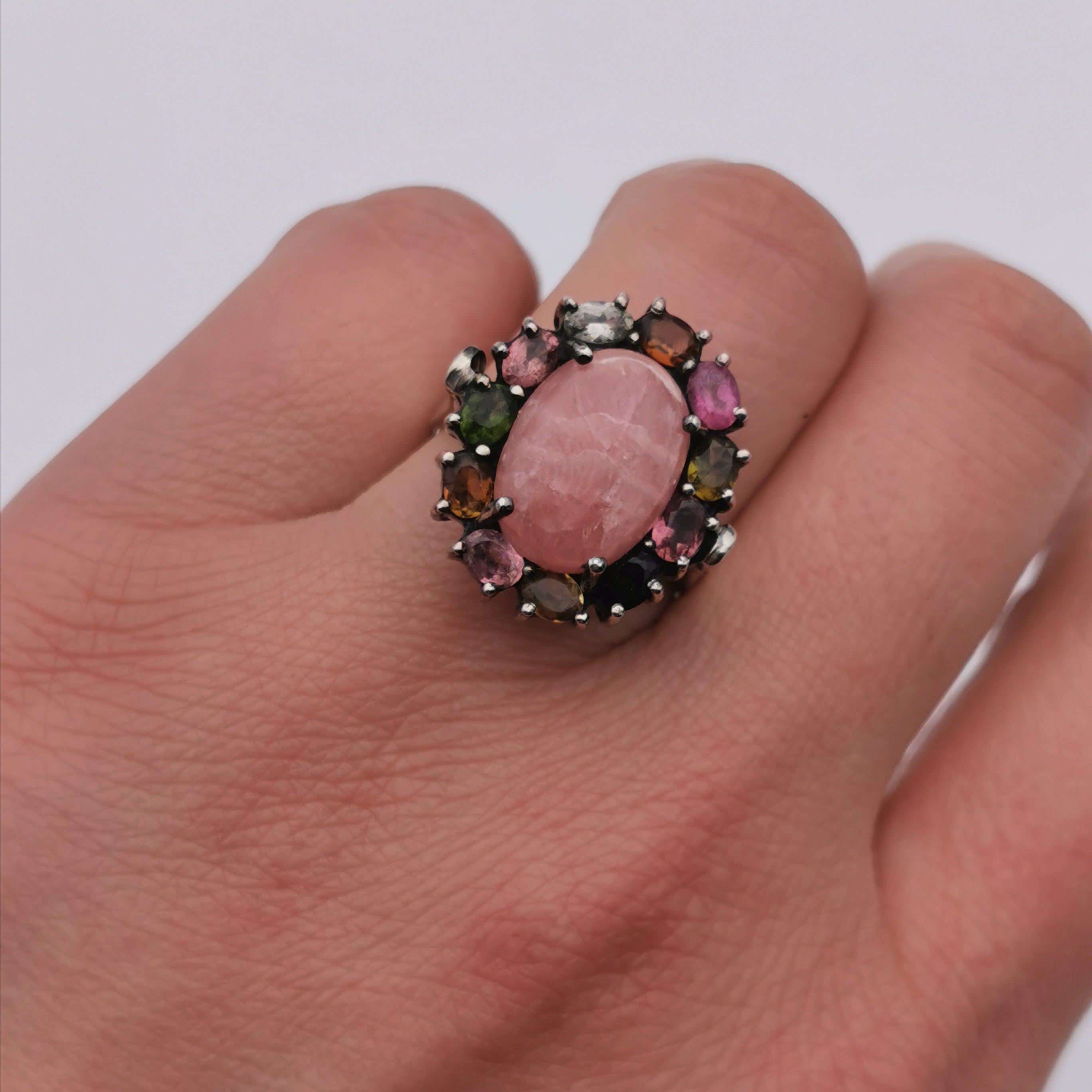 Sterling silver with rhodochrosite tourmaline ring