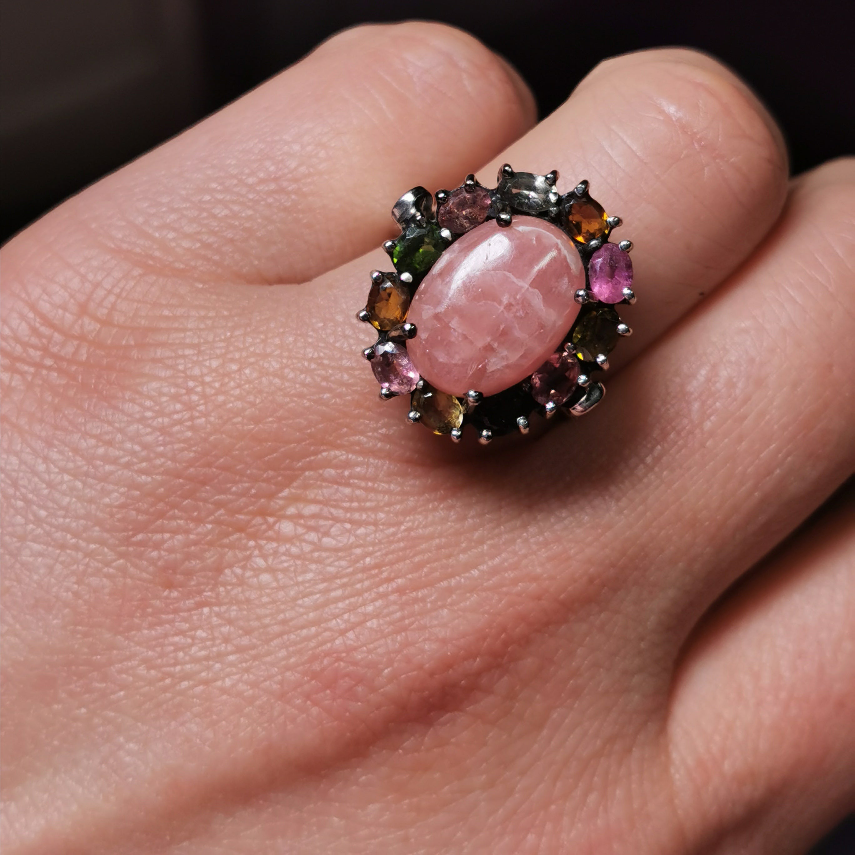 Sterling silver with rhodochrosite tourmaline ring