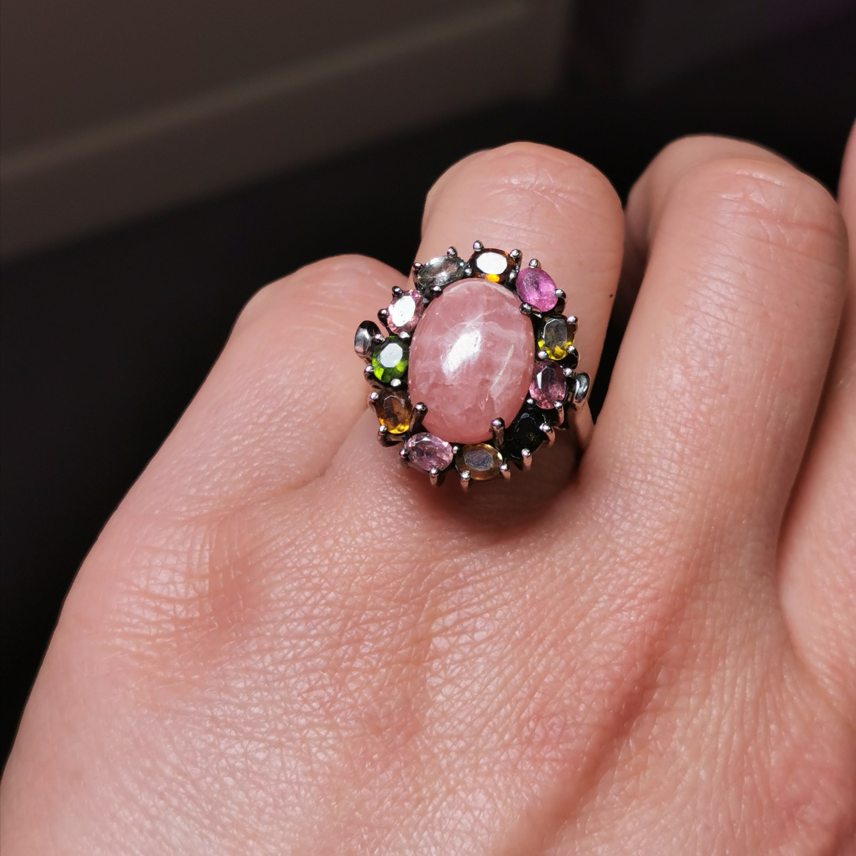 Sterling silver with rhodochrosite tourmaline ring