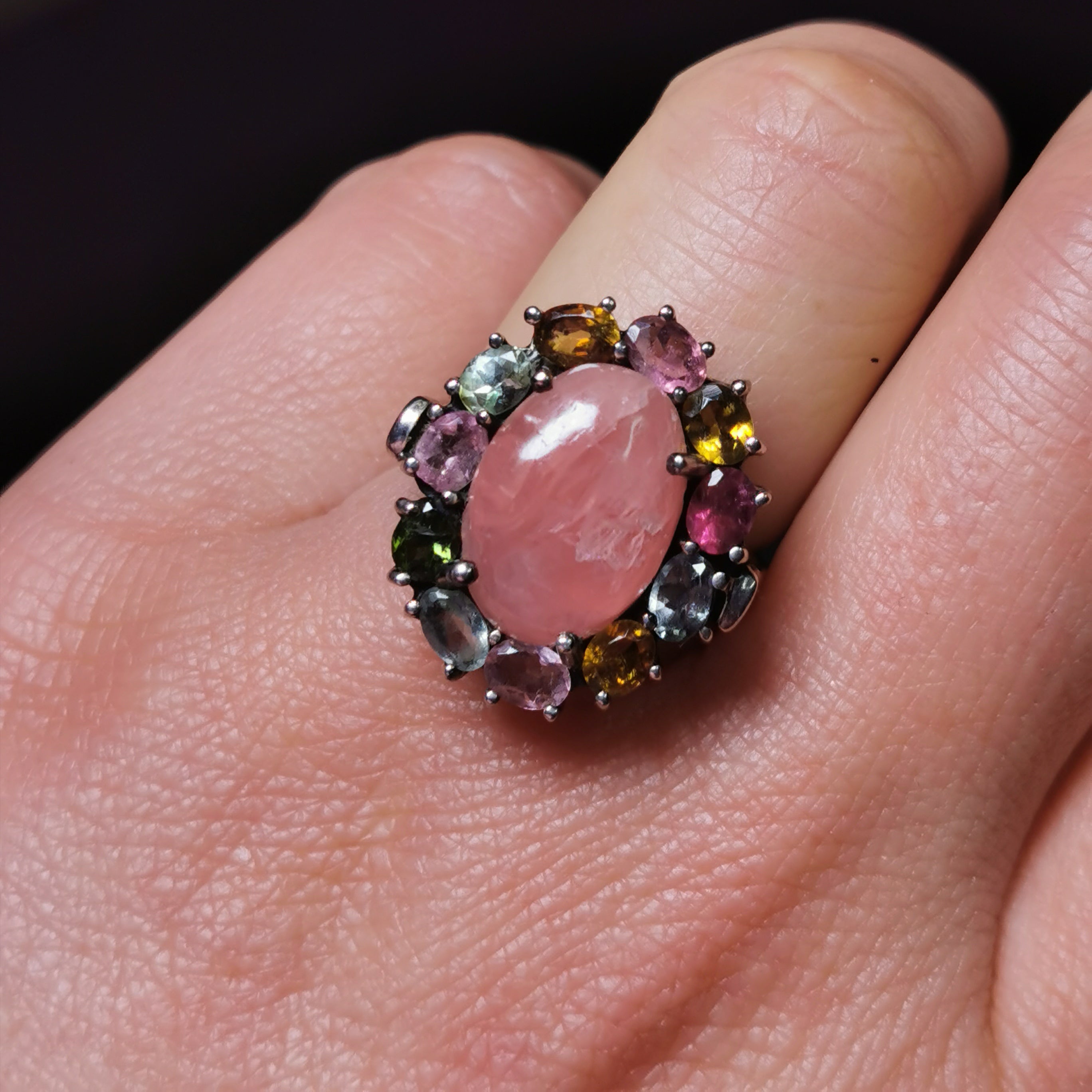 Sterling silver with rhodochrosite tourmaline ring