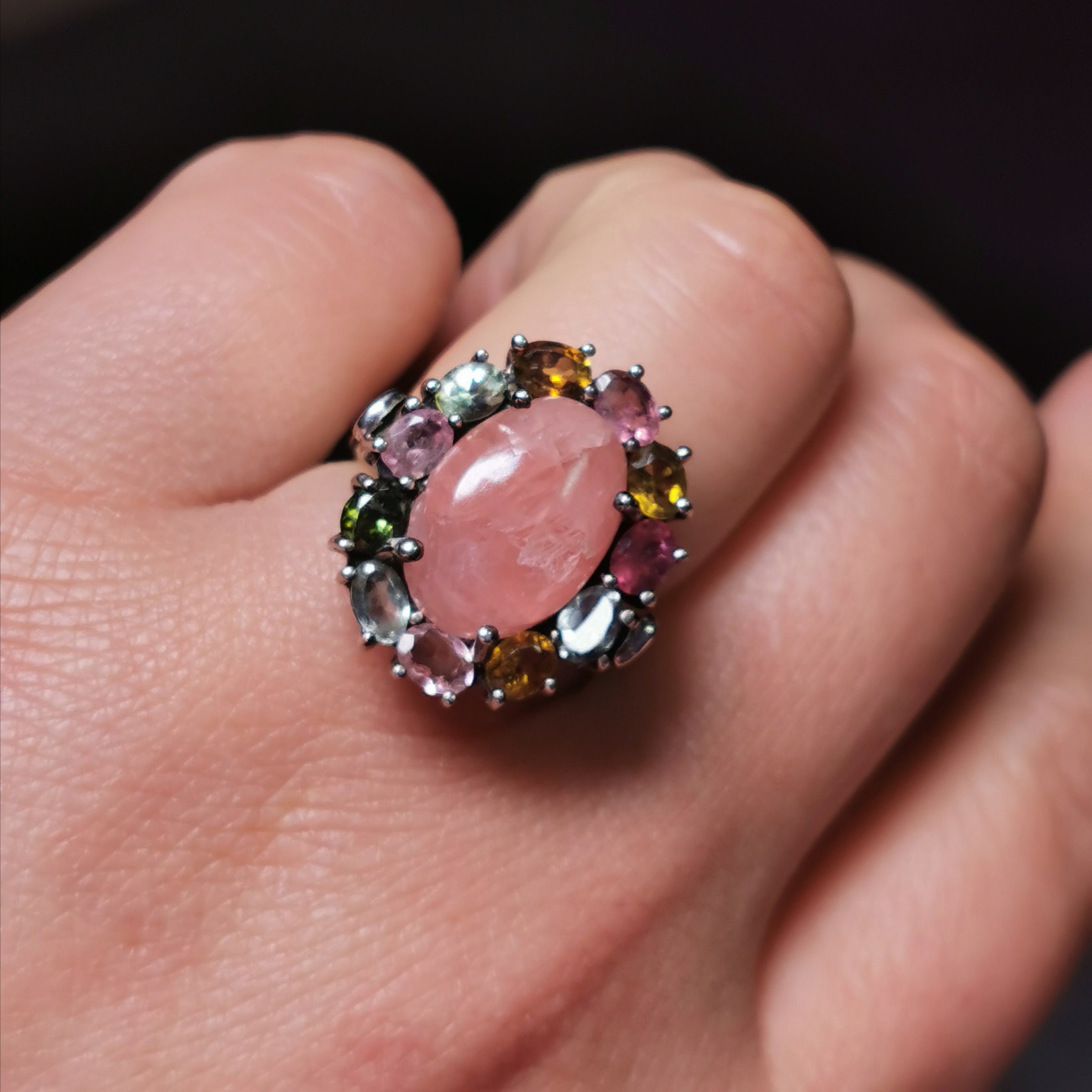 Sterling silver with rhodochrosite tourmaline ring