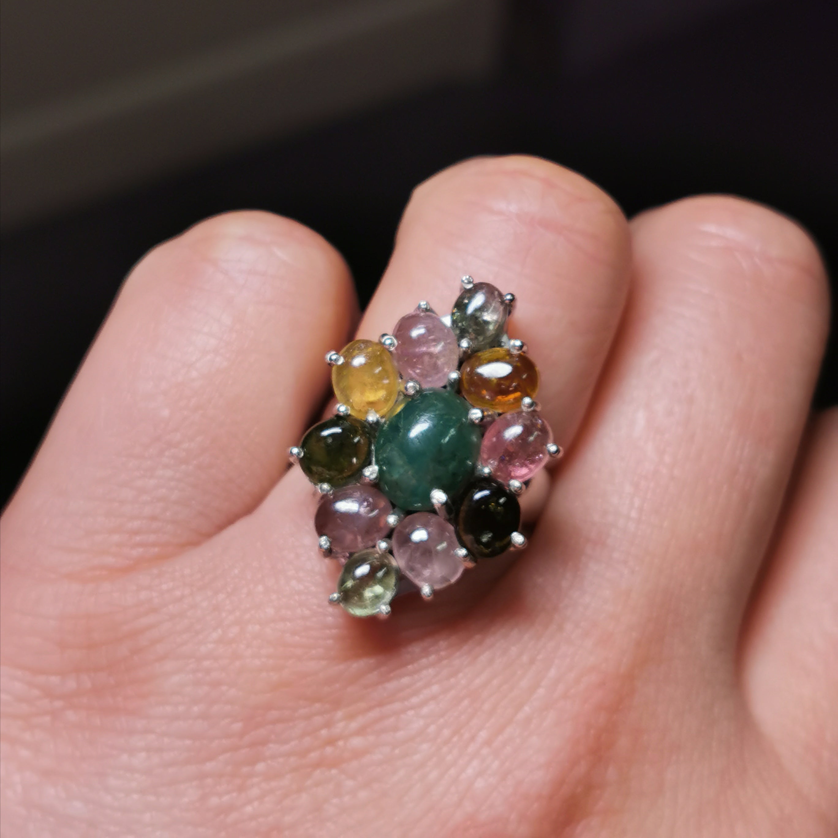 Sterling silver with tourmaline and emerld ring