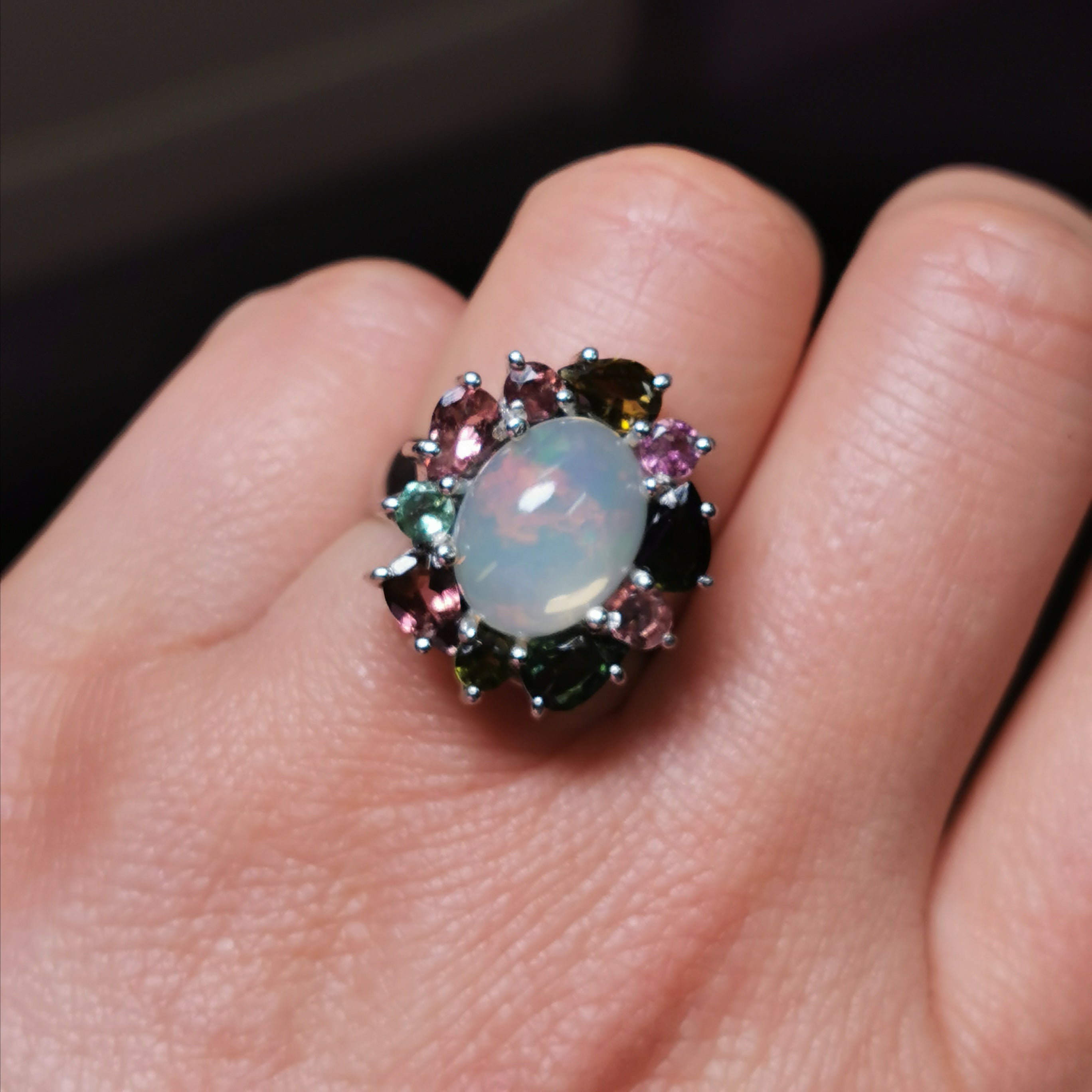 Sterling silver with Ethiopian opal and tourmaline ring
