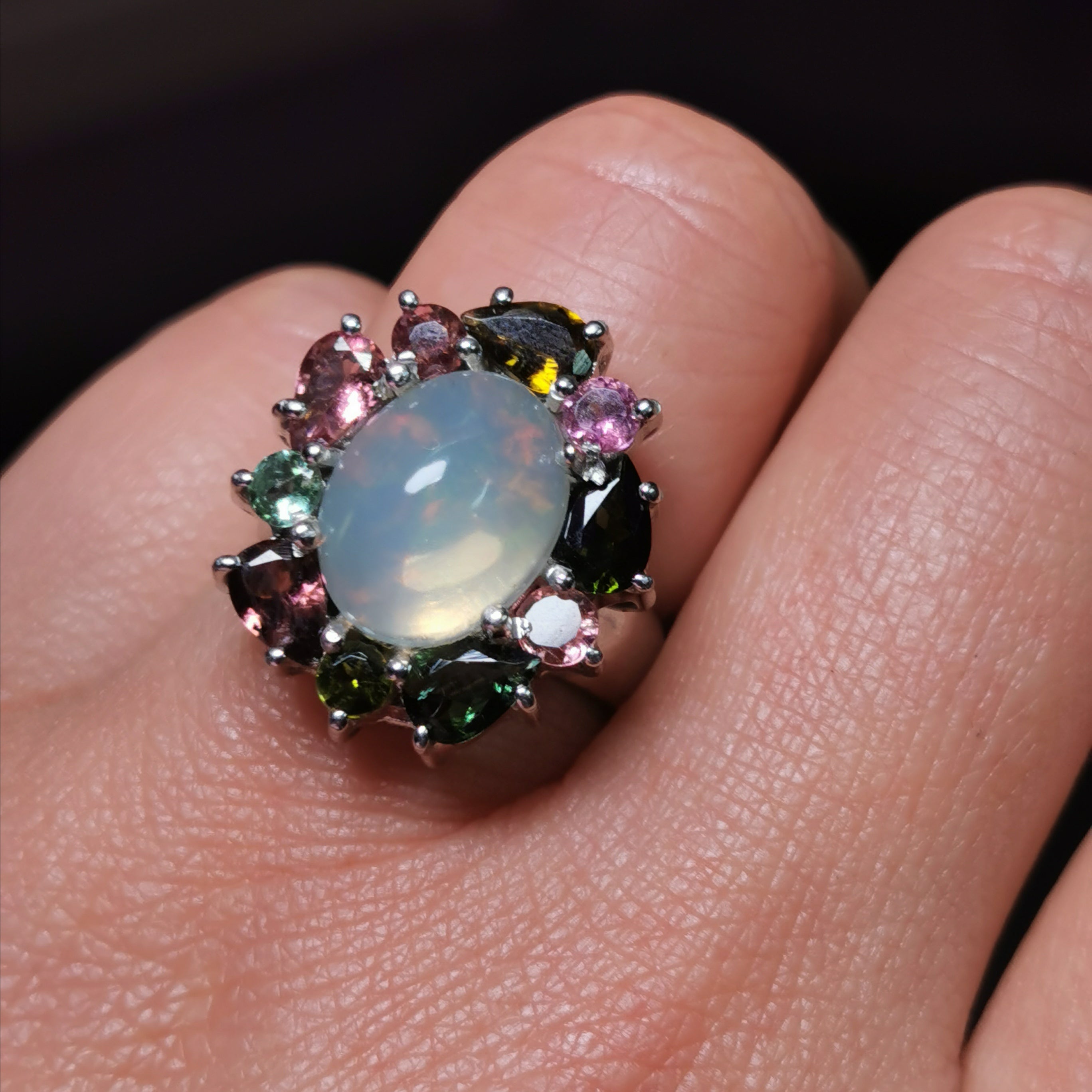 Sterling silver with Ethiopian opal and tourmaline ring
