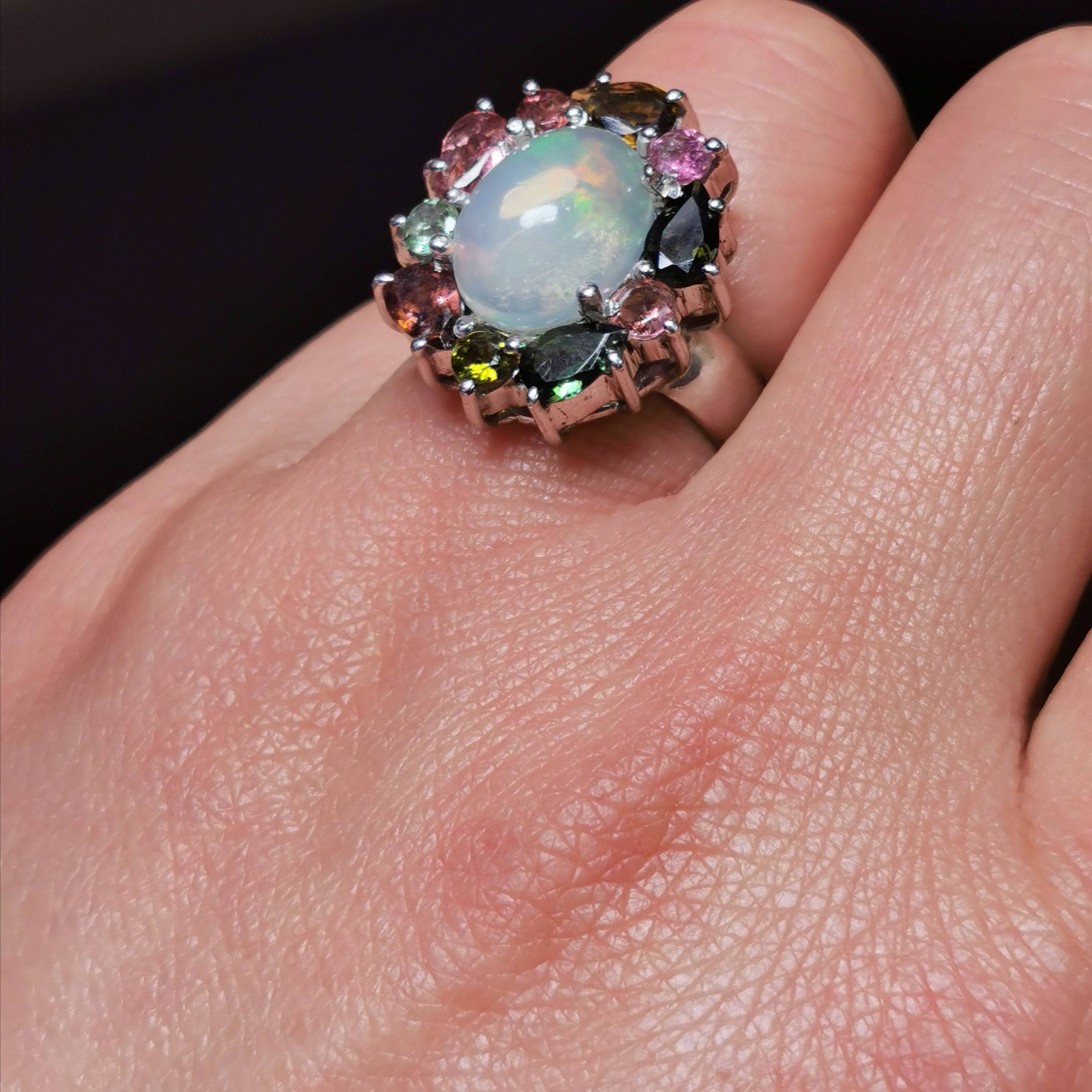 Sterling silver with Ethiopian opal and tourmaline ring