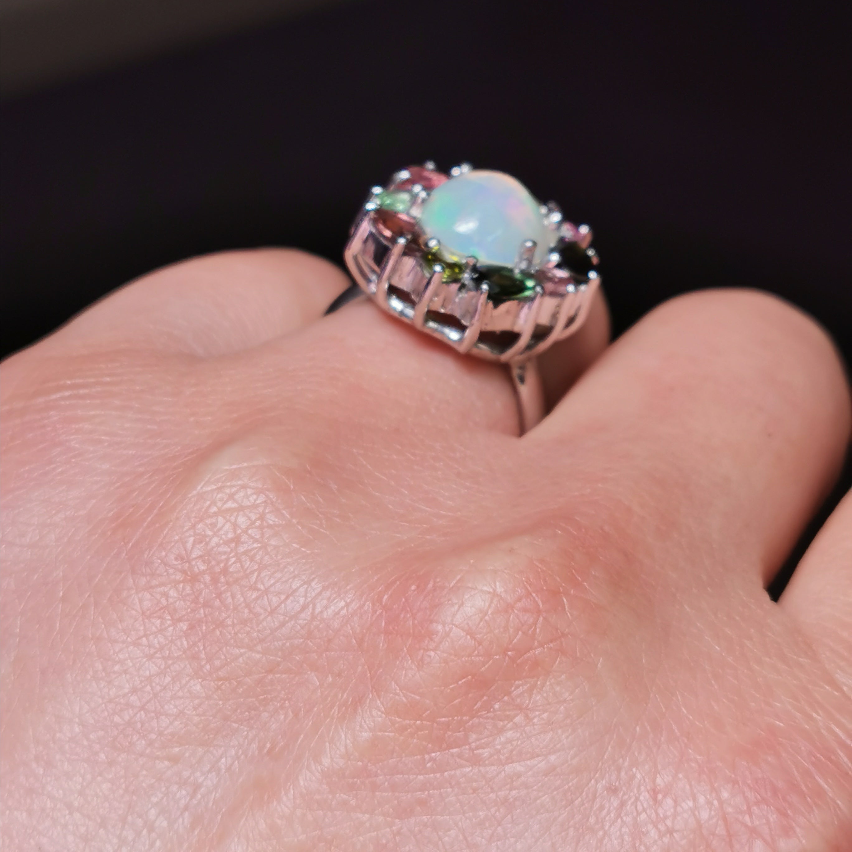 Sterling silver with Ethiopian opal and tourmaline ring