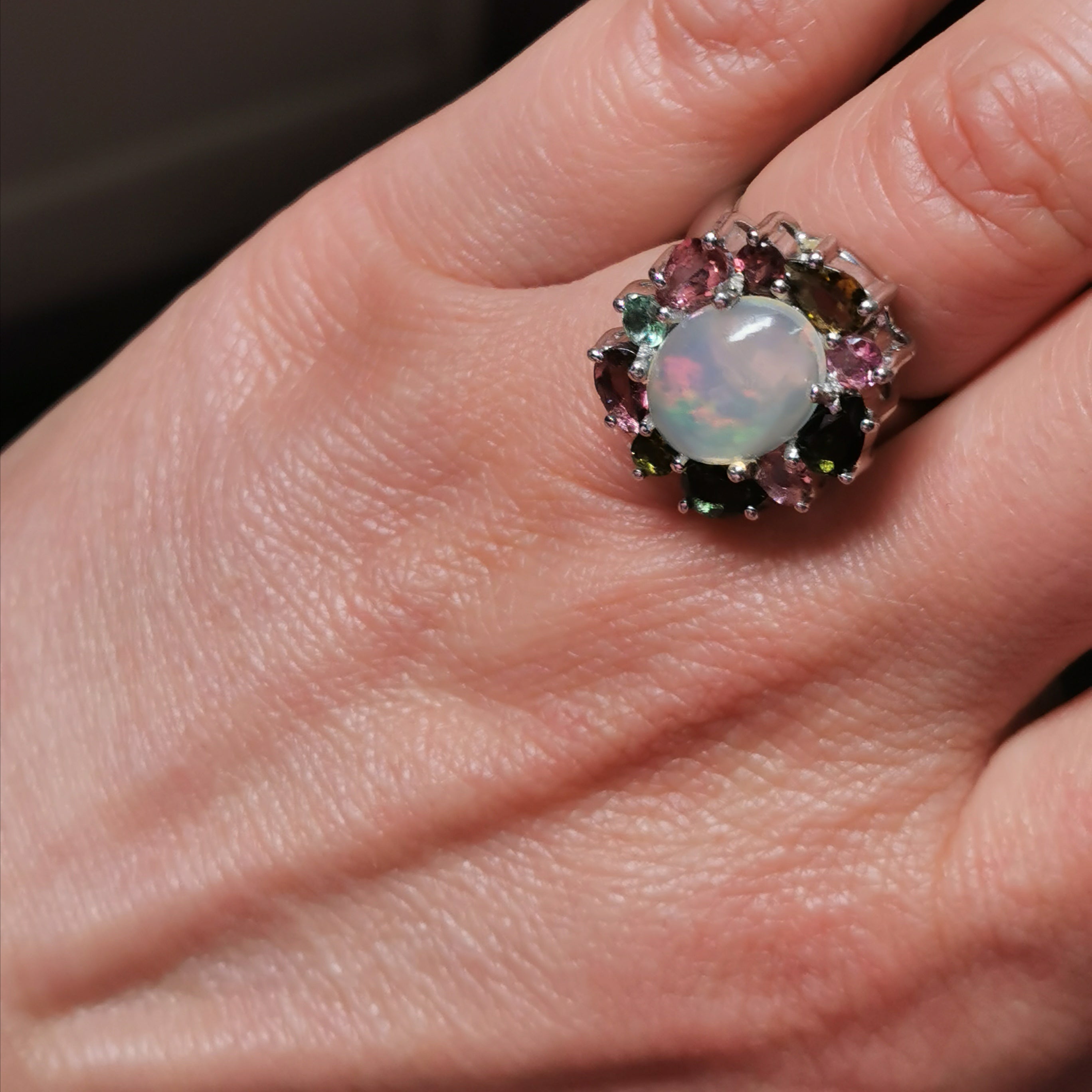 Sterling silver with Ethiopian opal and tourmaline ring