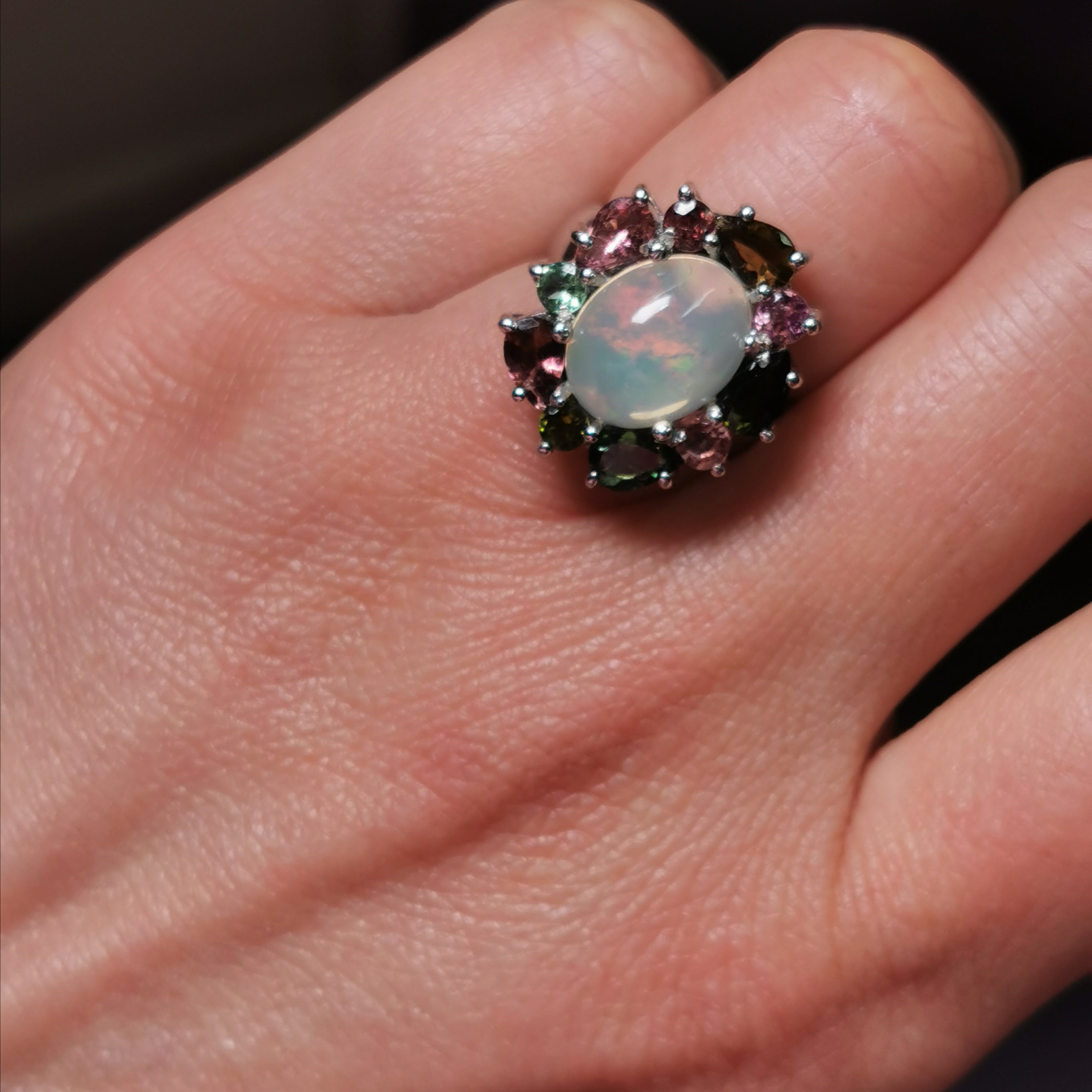Sterling silver with Ethiopian opal and tourmaline ring