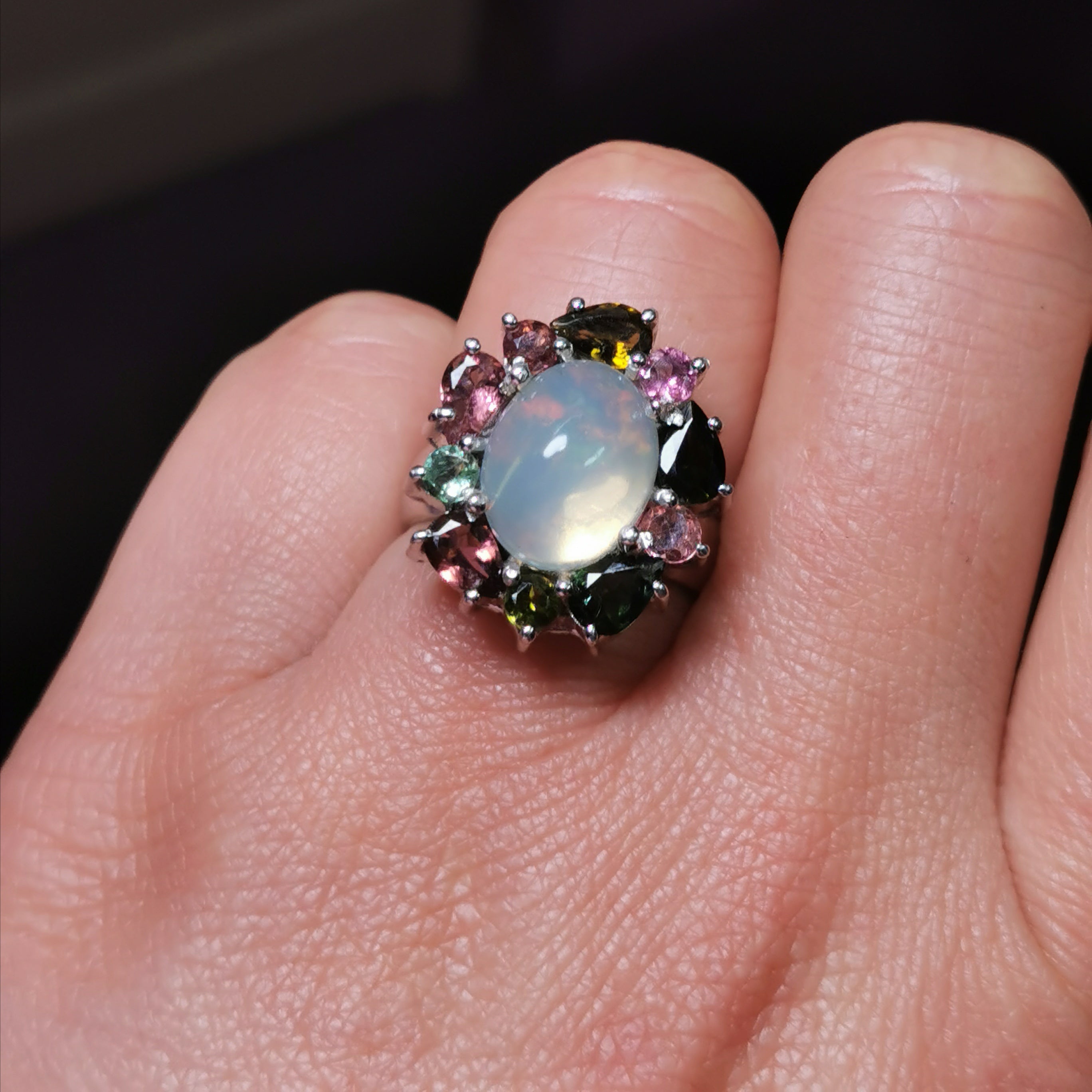 Sterling silver with Ethiopian opal and tourmaline ring