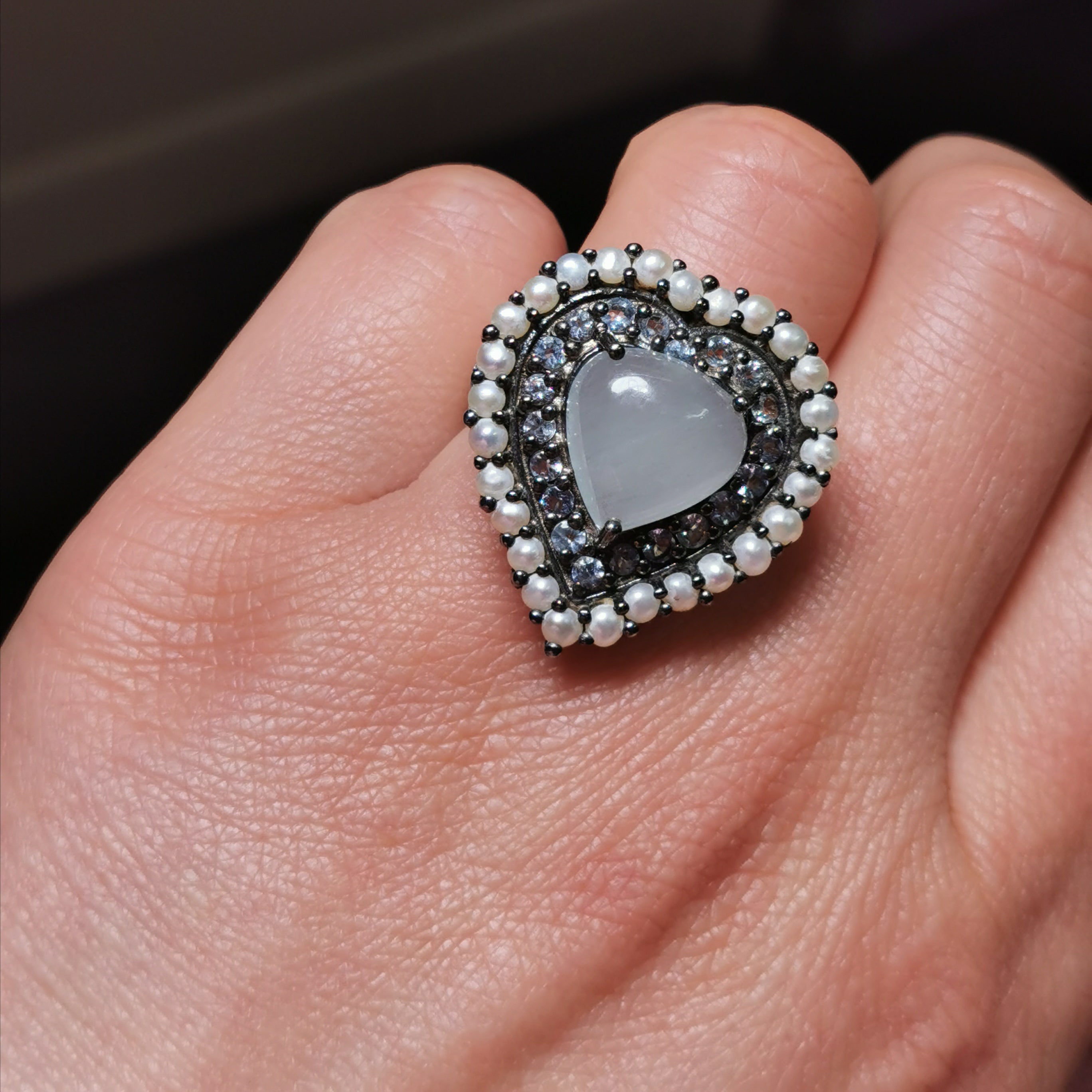Sterling silver with freshwater pearl amd aquamarine heart ring