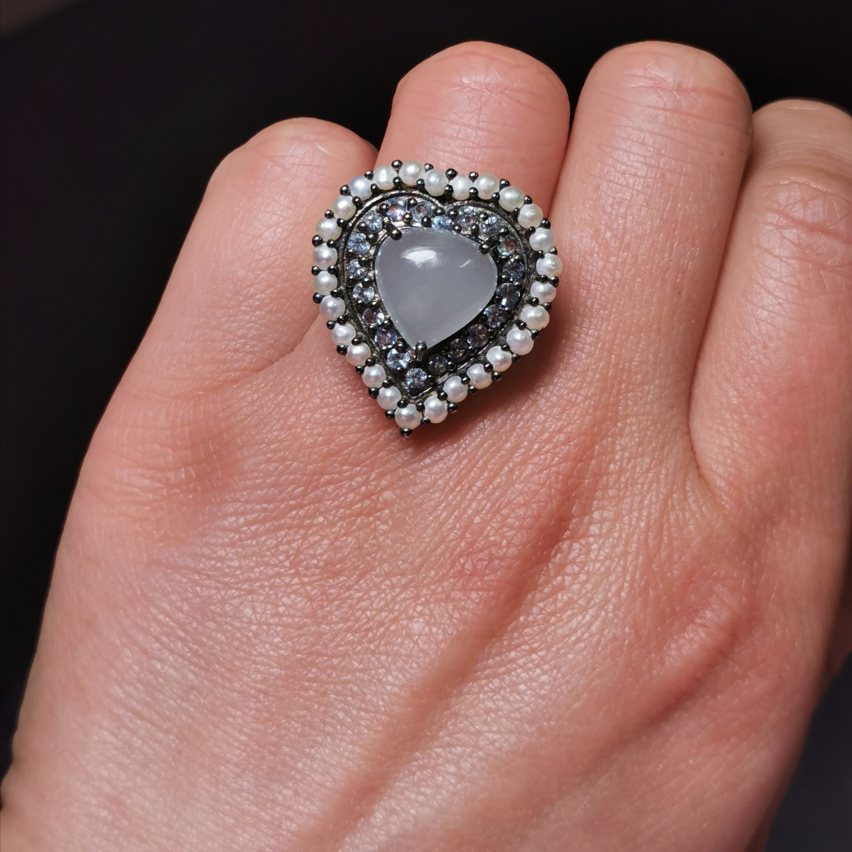 Sterling silver with freshwater pearl amd aquamarine heart ring