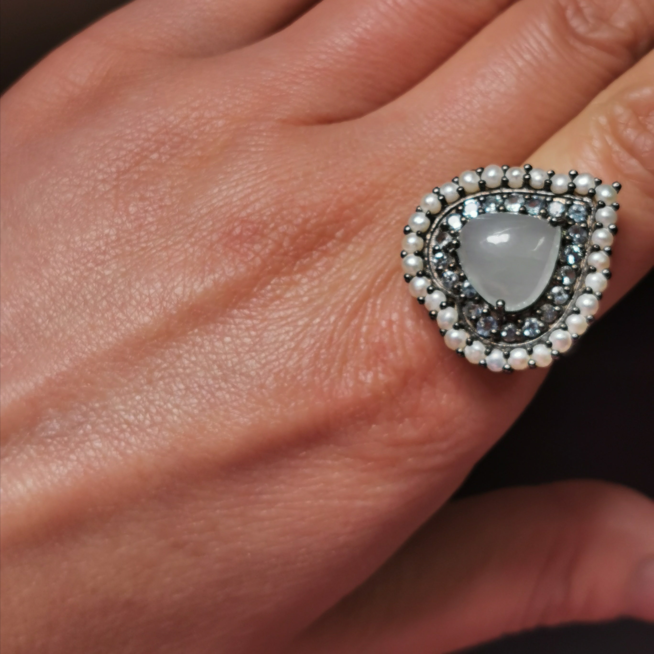 Sterling silver with freshwater pearl amd aquamarine heart ring