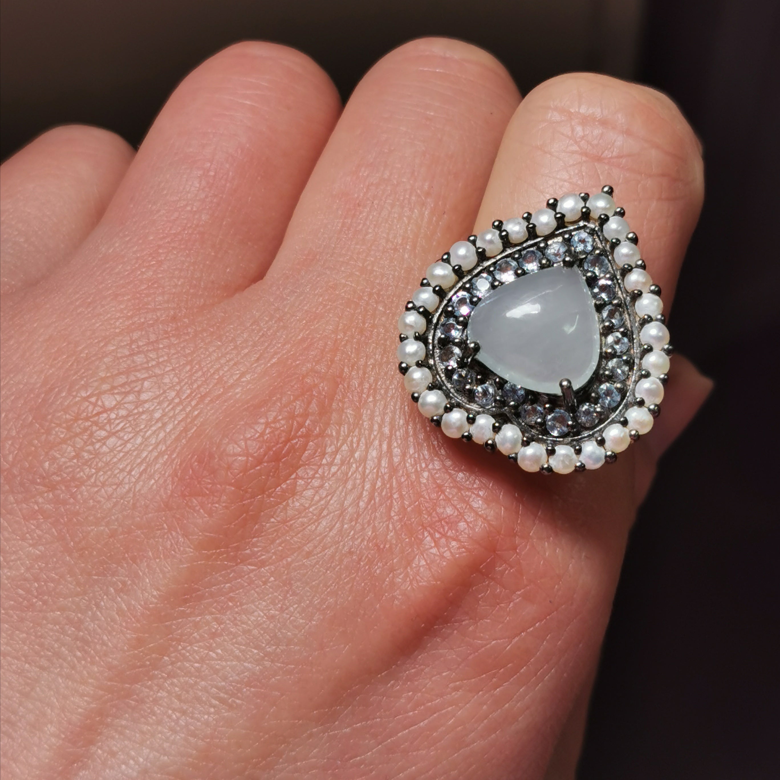 Sterling silver with freshwater pearl amd aquamarine heart ring