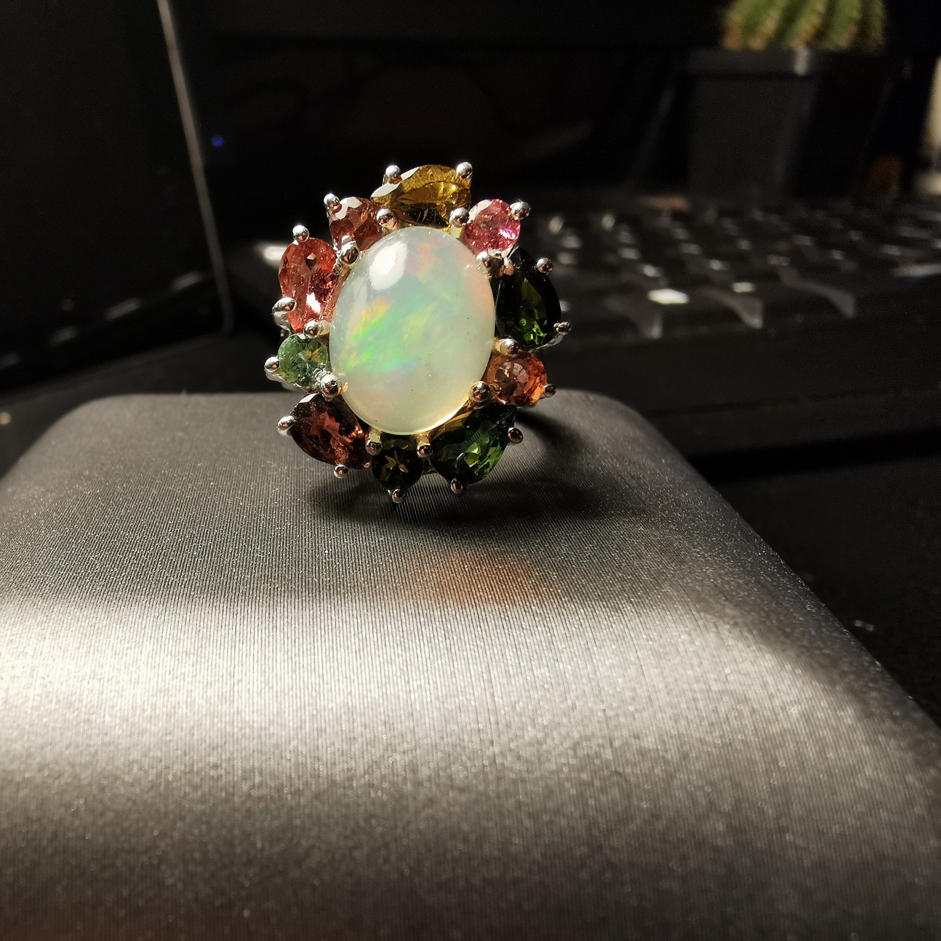 Sterling silver with Ethiopian opal and tourmaline ring