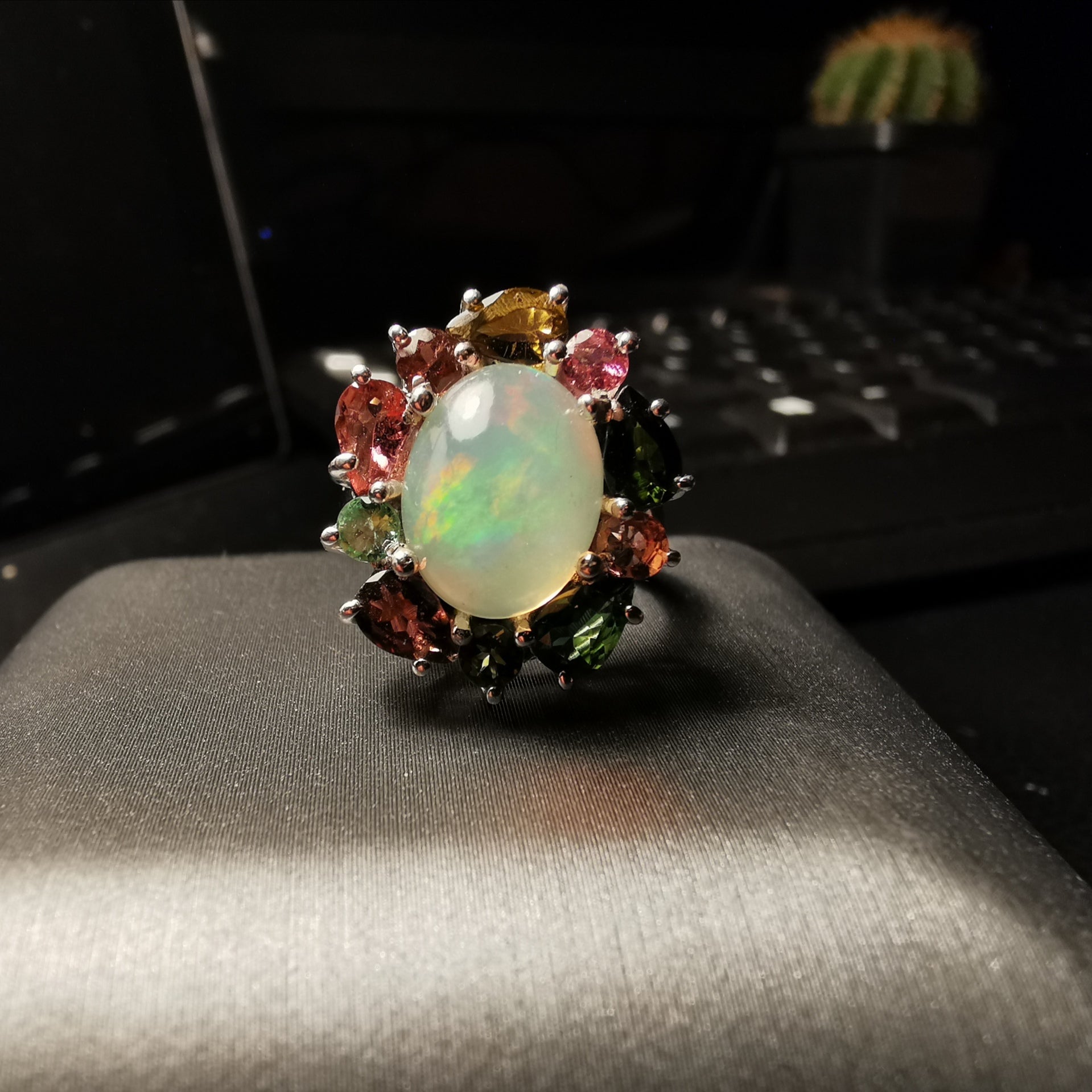 Sterling silver with Ethiopian opal and tourmaline ring