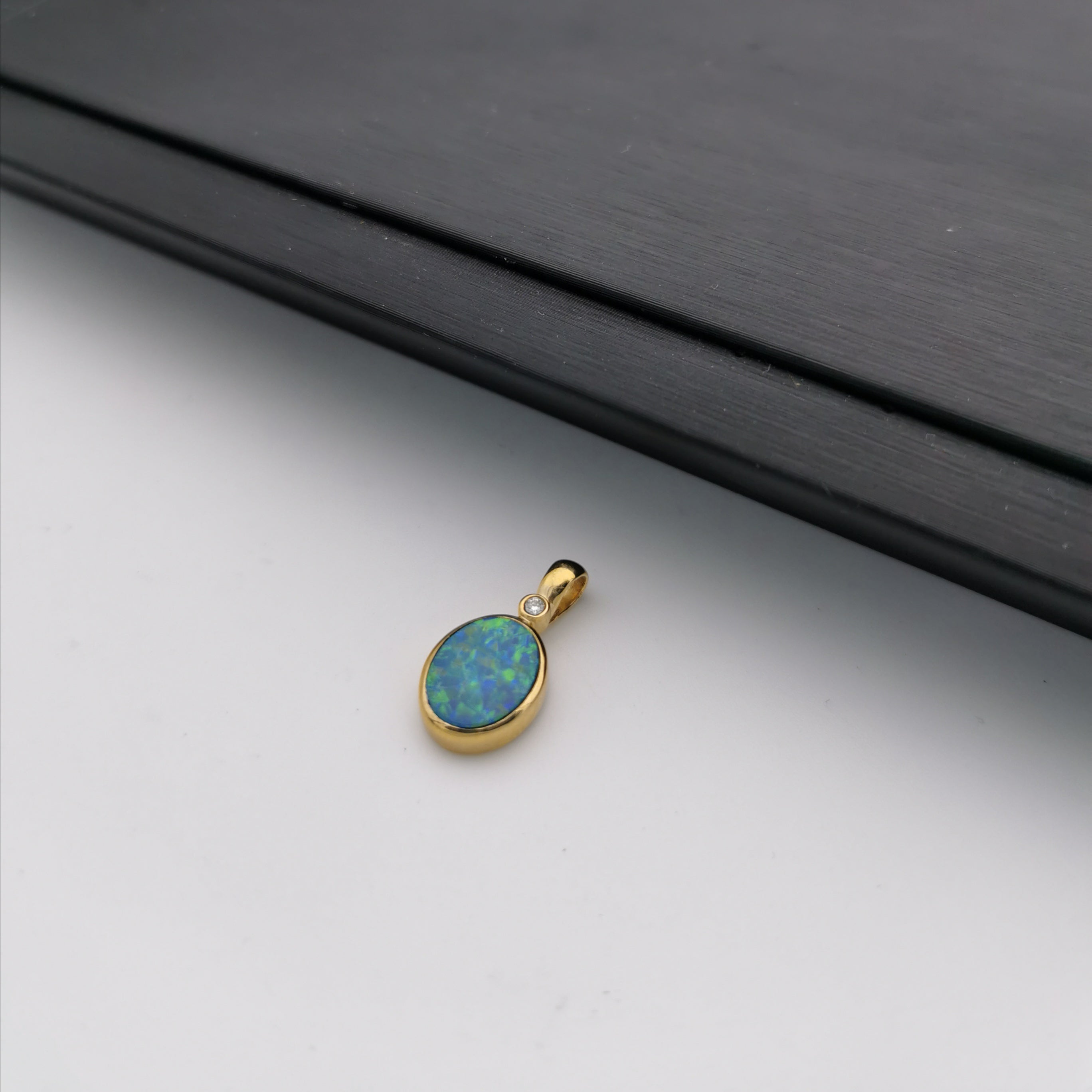 14K gold with diamond Australian black opal pendant