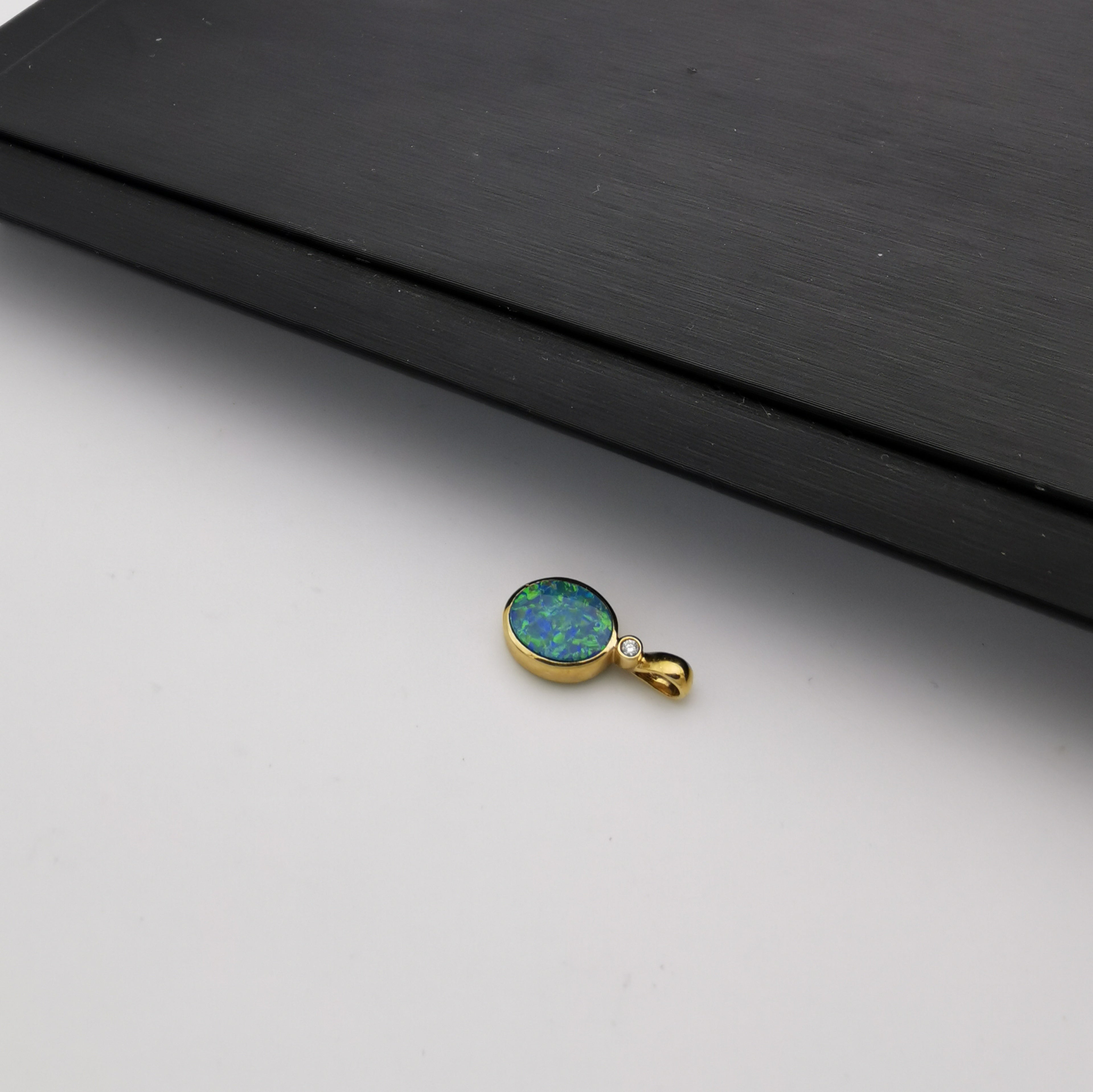 14K gold with diamond Australian black opal pendant