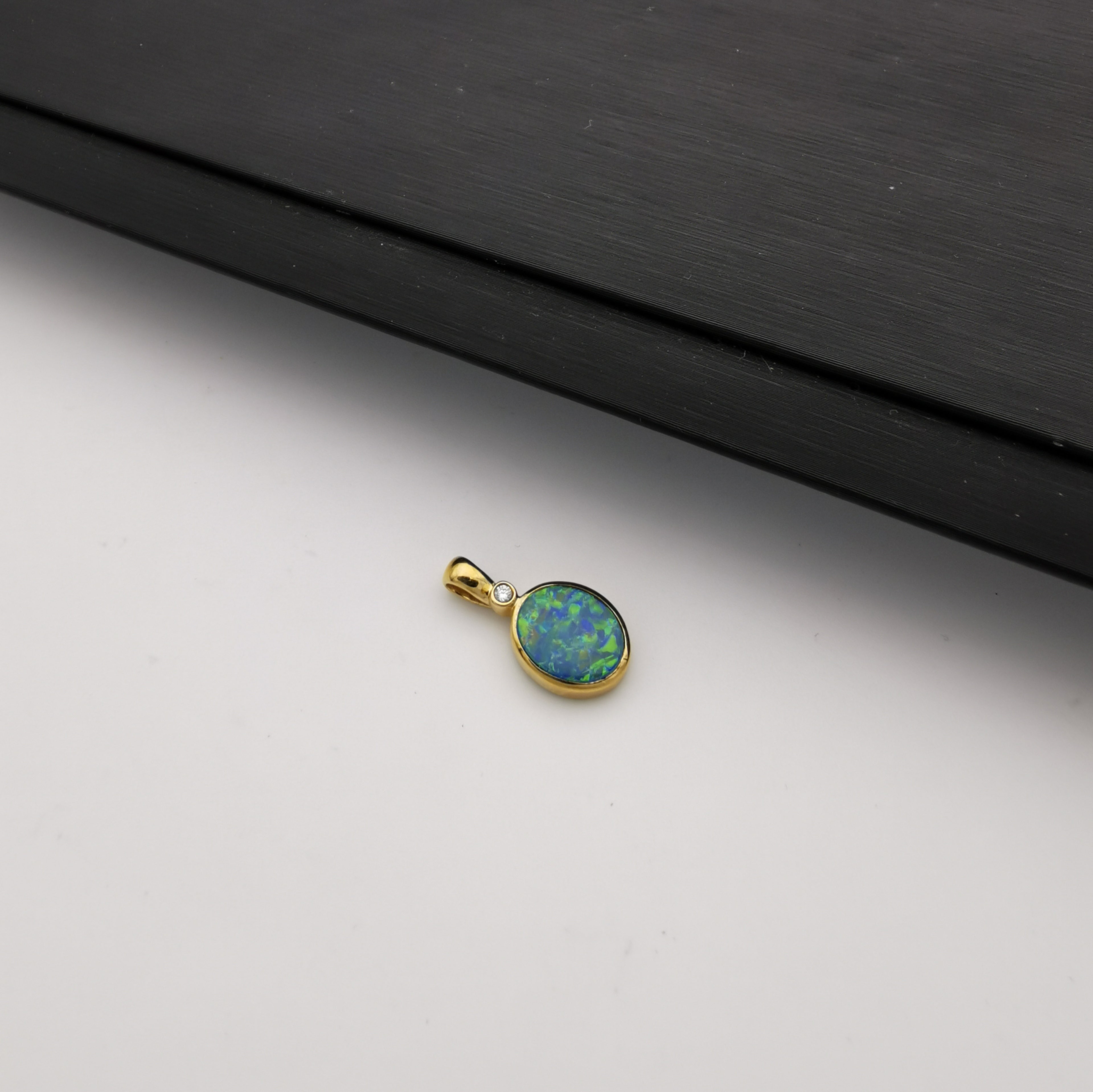 14K gold with diamond Australian black opal pendant