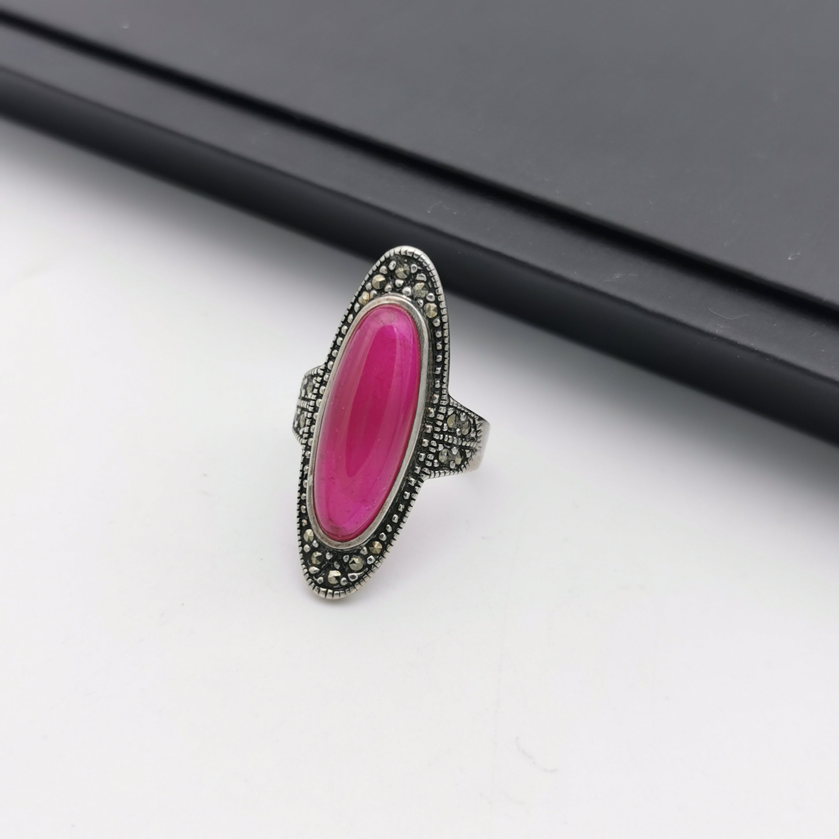 Unique Sterling silver Marcasite with created ruby ring