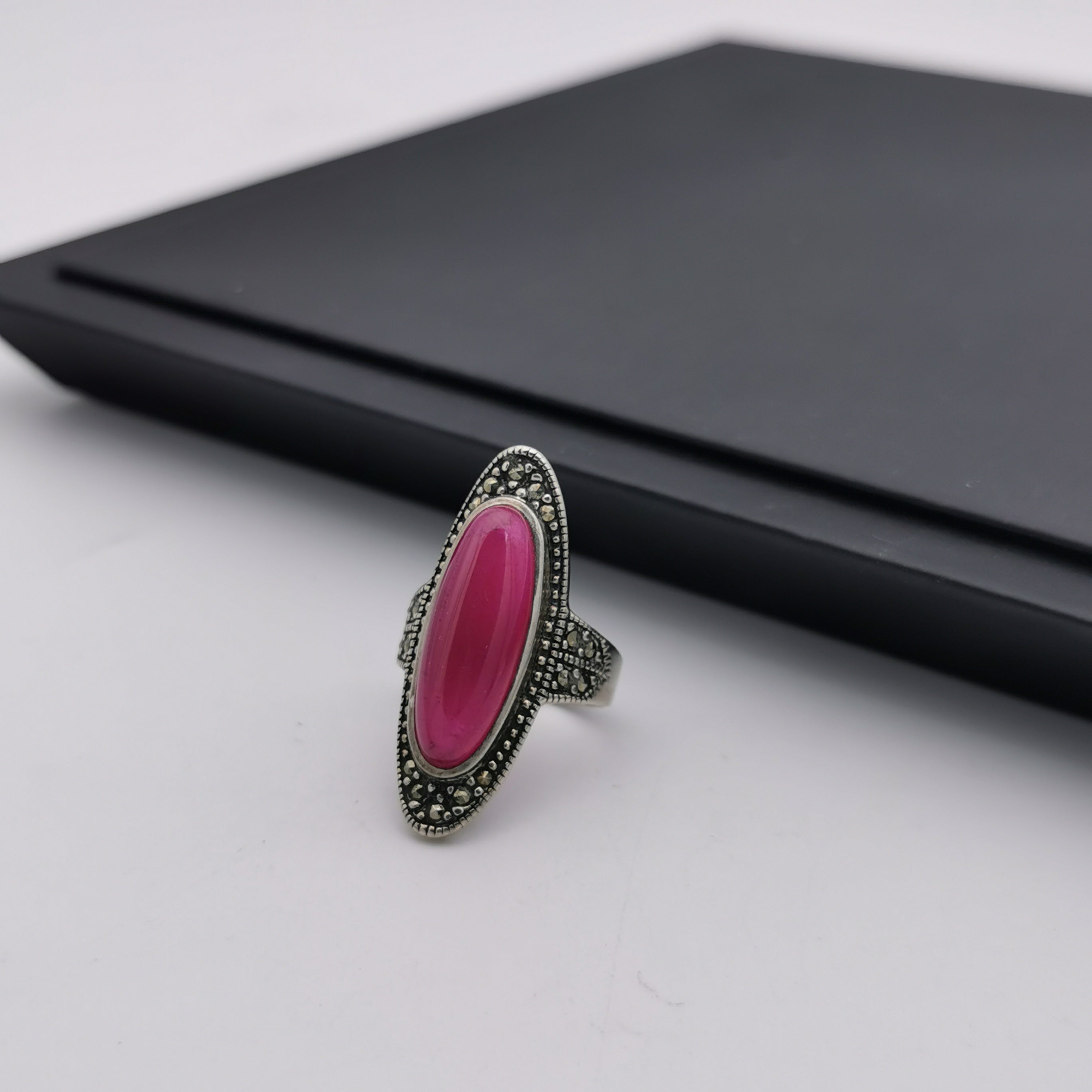 Unique Sterling silver Marcasite with created ruby ring