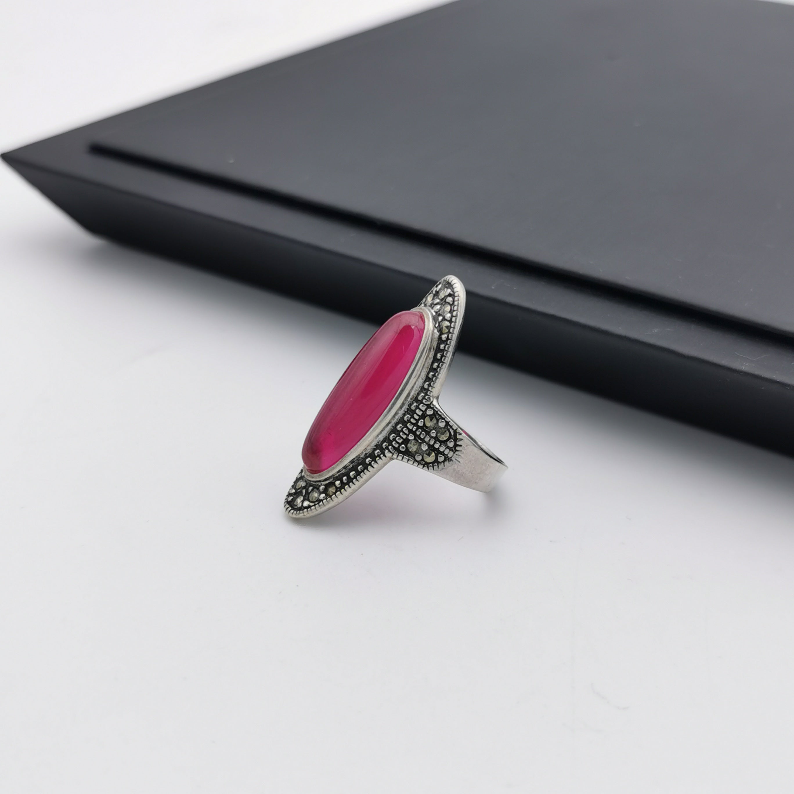 Unique Sterling silver Marcasite with created ruby ring