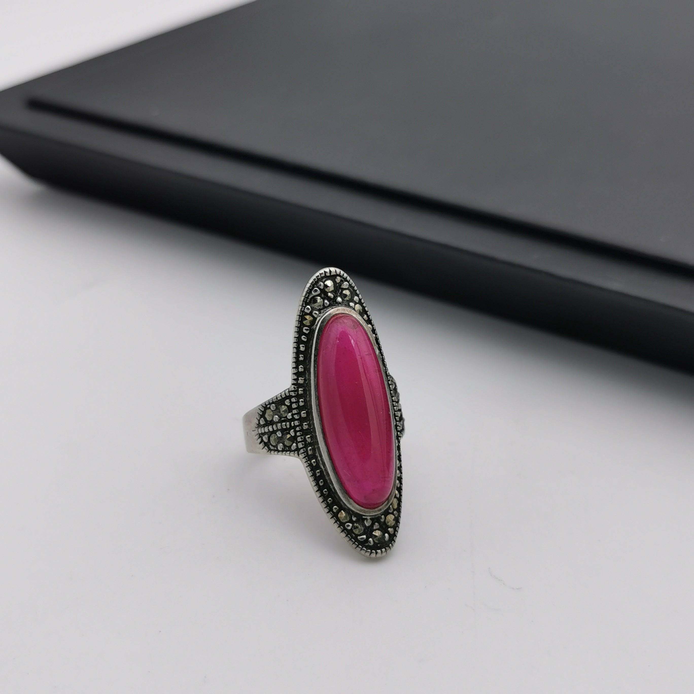 Unique Sterling silver Marcasite with created ruby ring