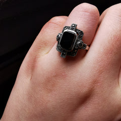 Unique elegant sterling silver marcasite with Onxy ring