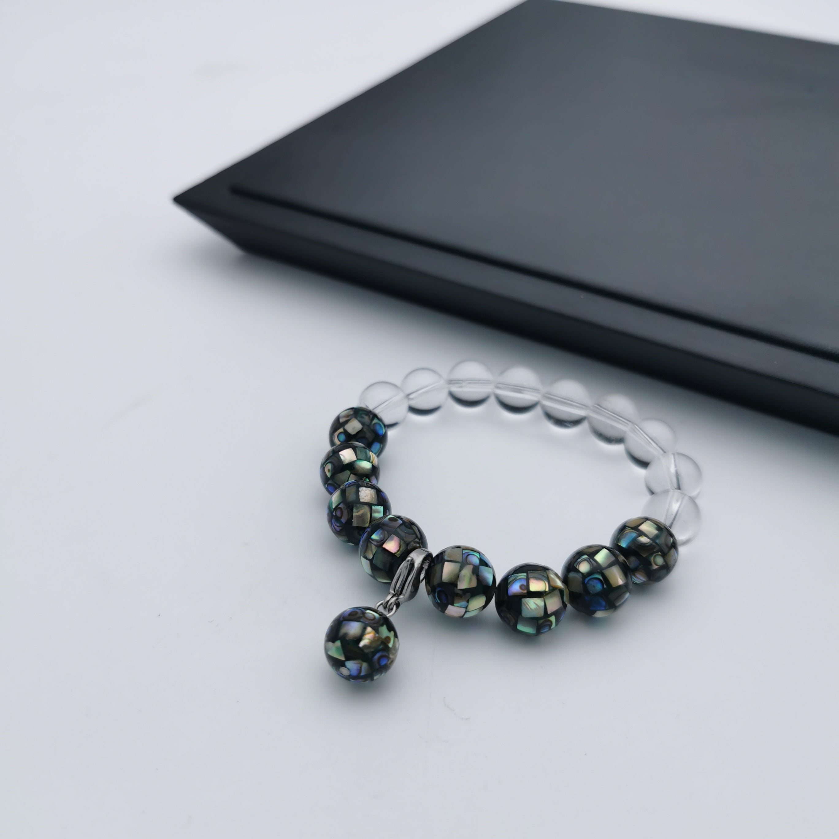 Multi function paua shell mosaic with white quartz stretch bracelet