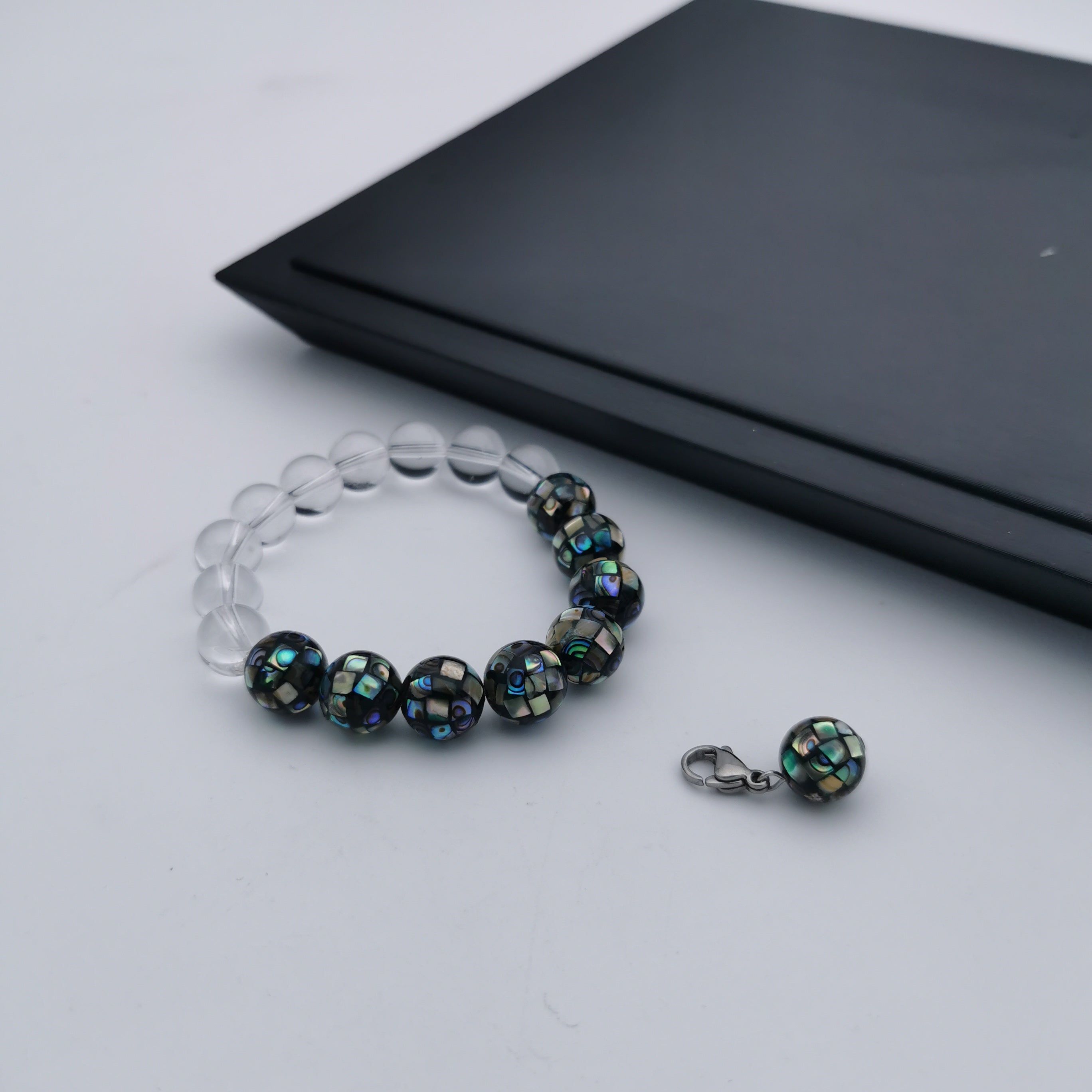 Multi function paua shell mosaic with white quartz stretch bracelet