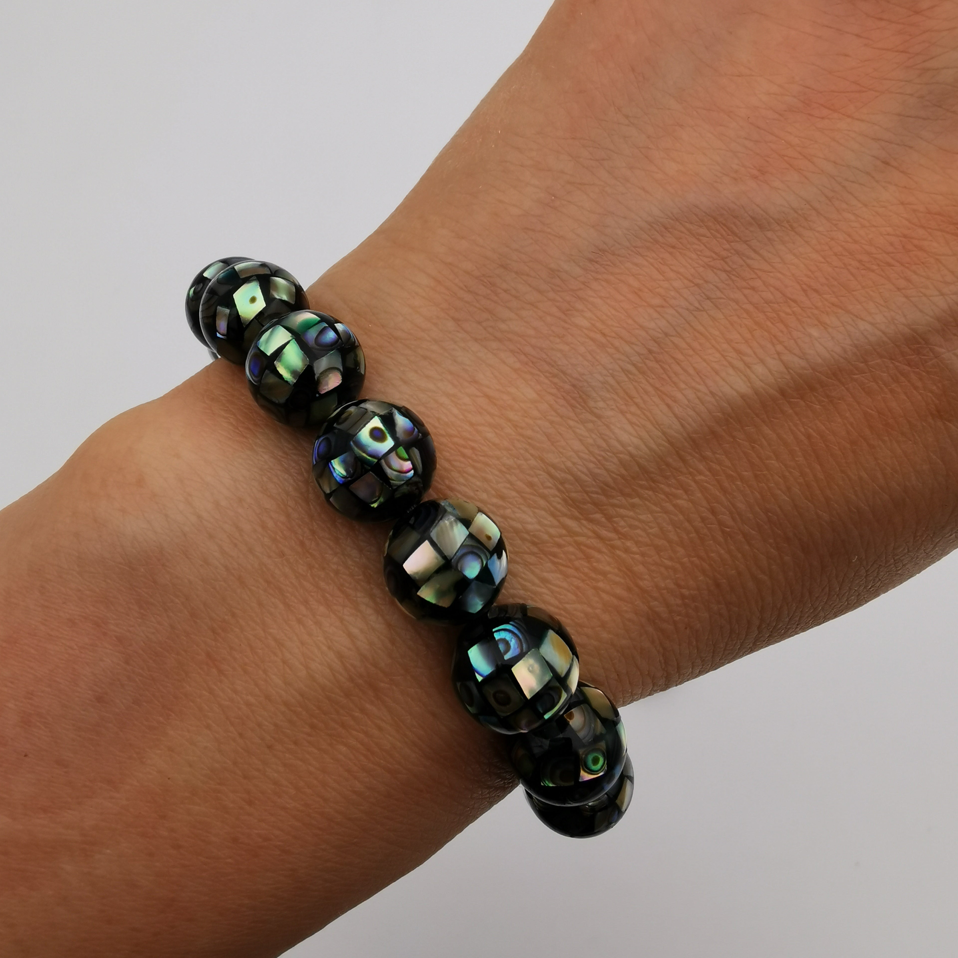 Multi function paua shell mosaic with white quartz stretch bracelet
