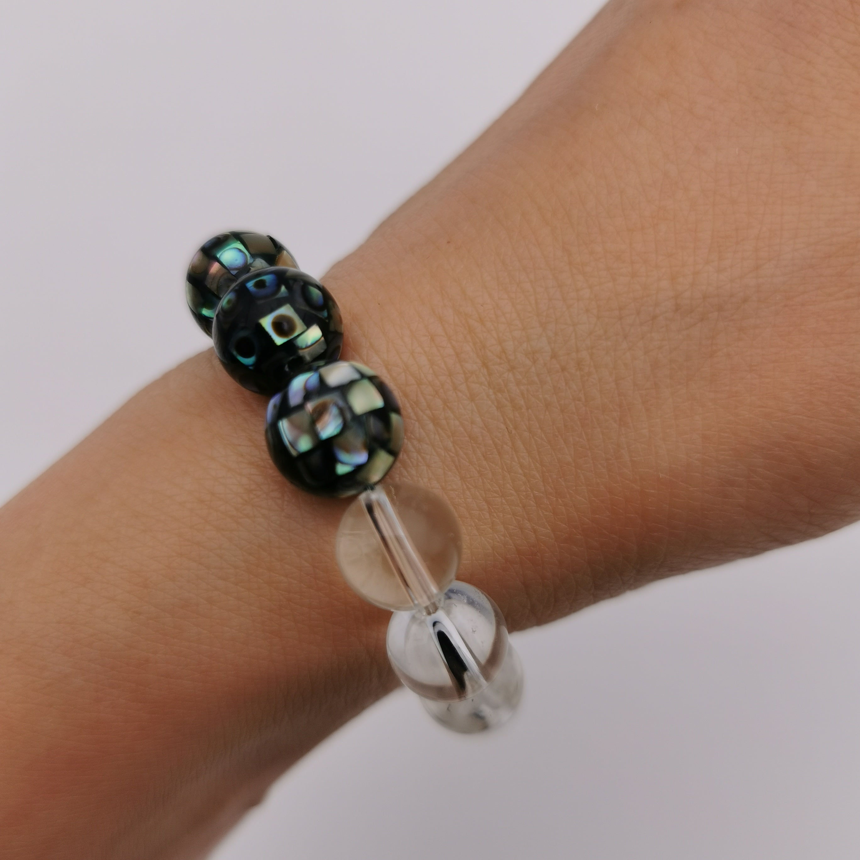 Multi function paua shell mosaic with white quartz stretch bracelet