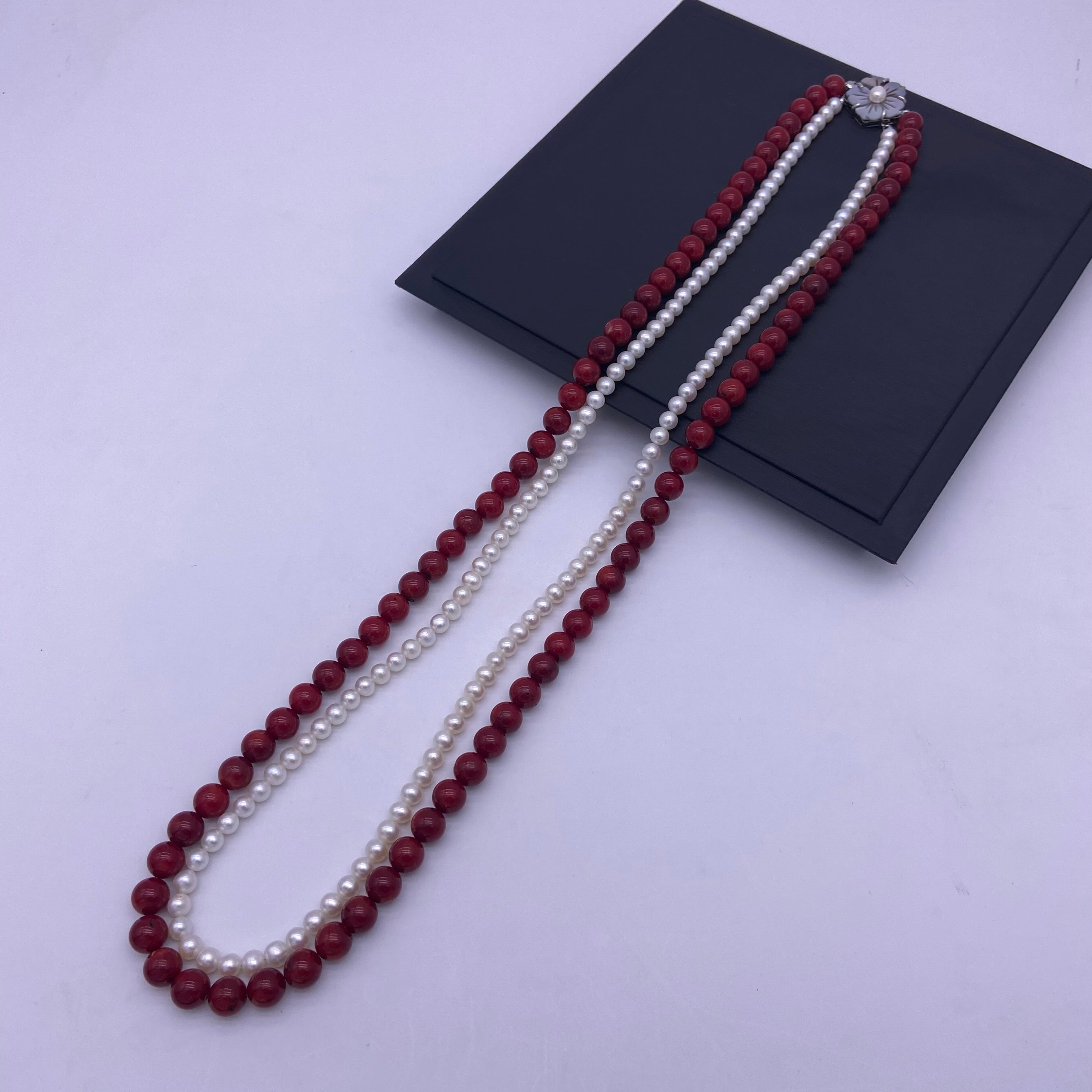 Freshwater pearl with coral long necklace