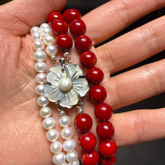 Freshwater pearl with coral long necklace