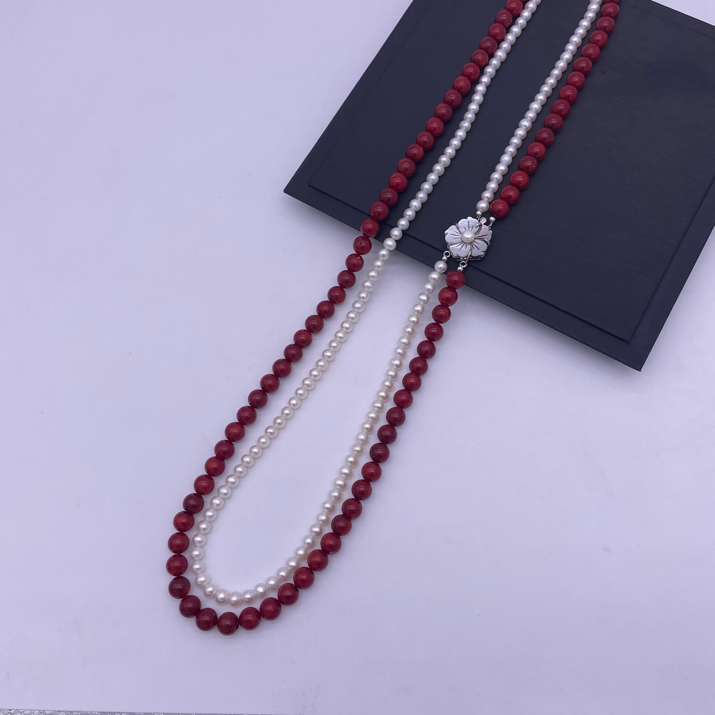 Freshwater pearl with coral long necklace