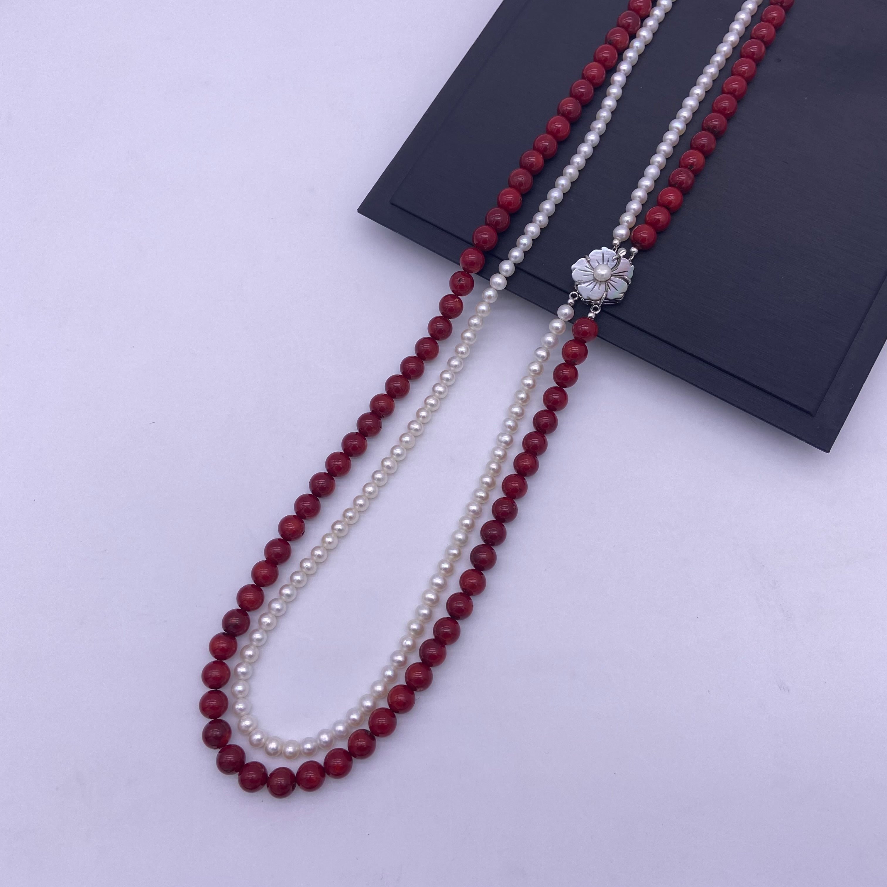 Freshwater pearl with coral long necklace