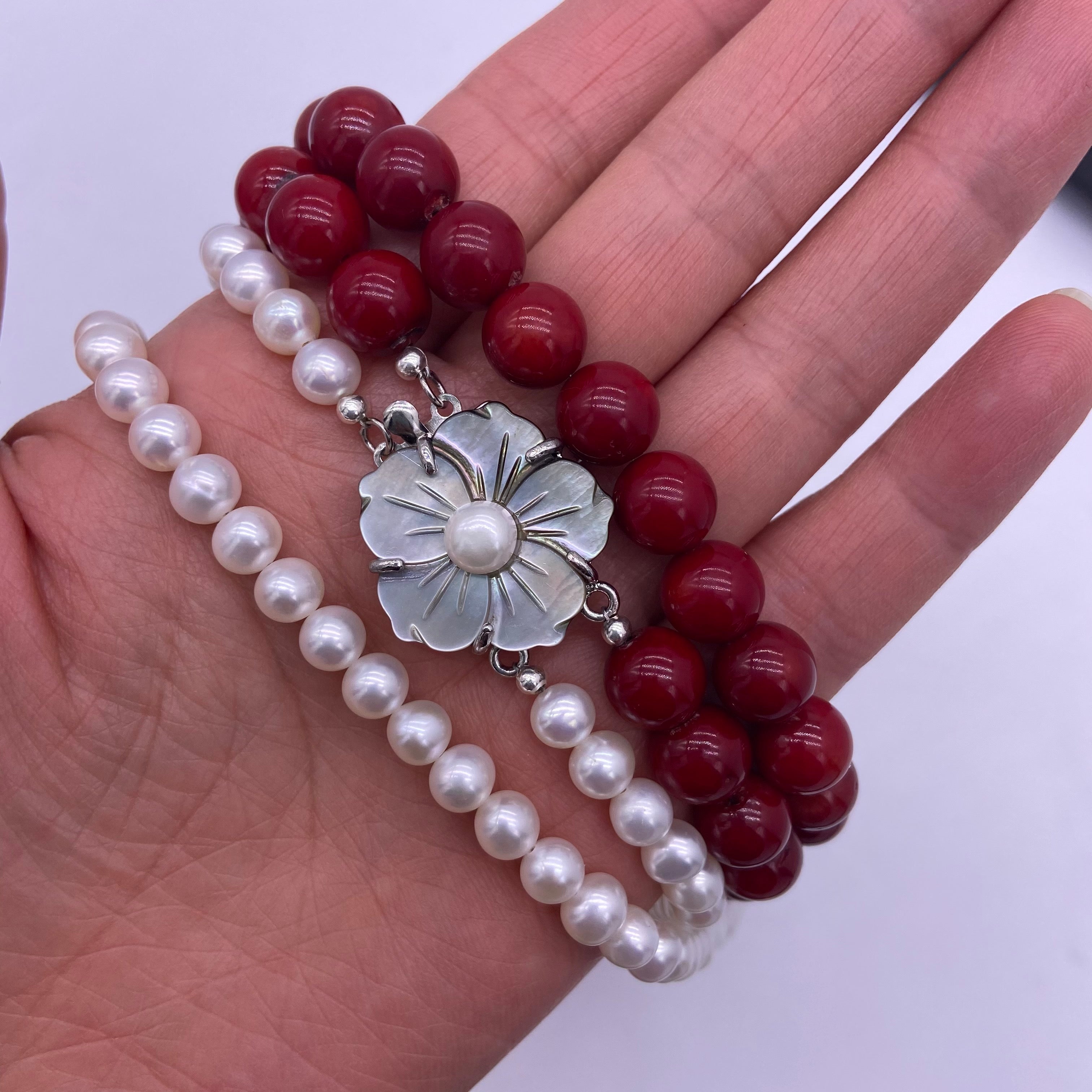 Freshwater pearl with coral long necklace
