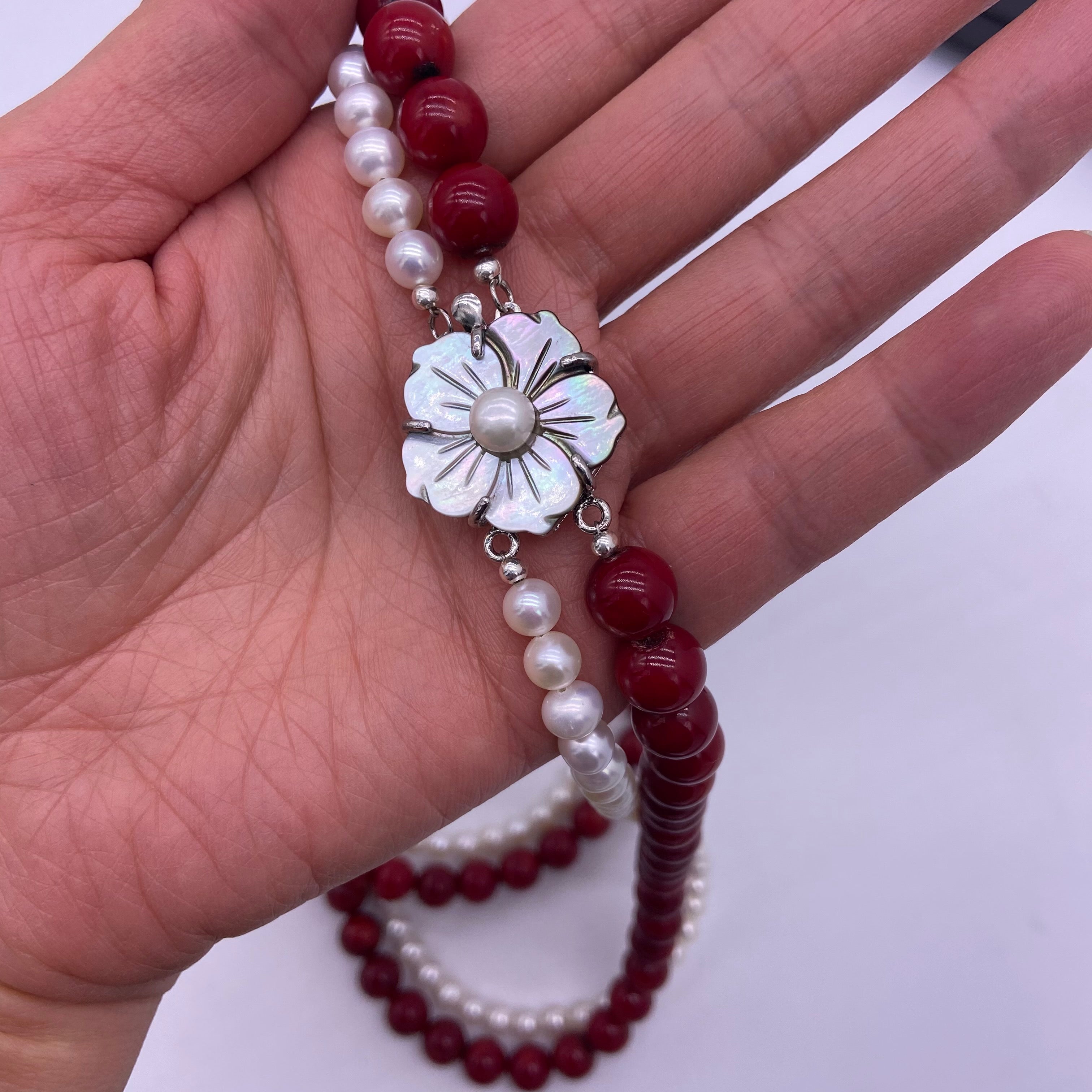 Freshwater pearl with coral long necklace