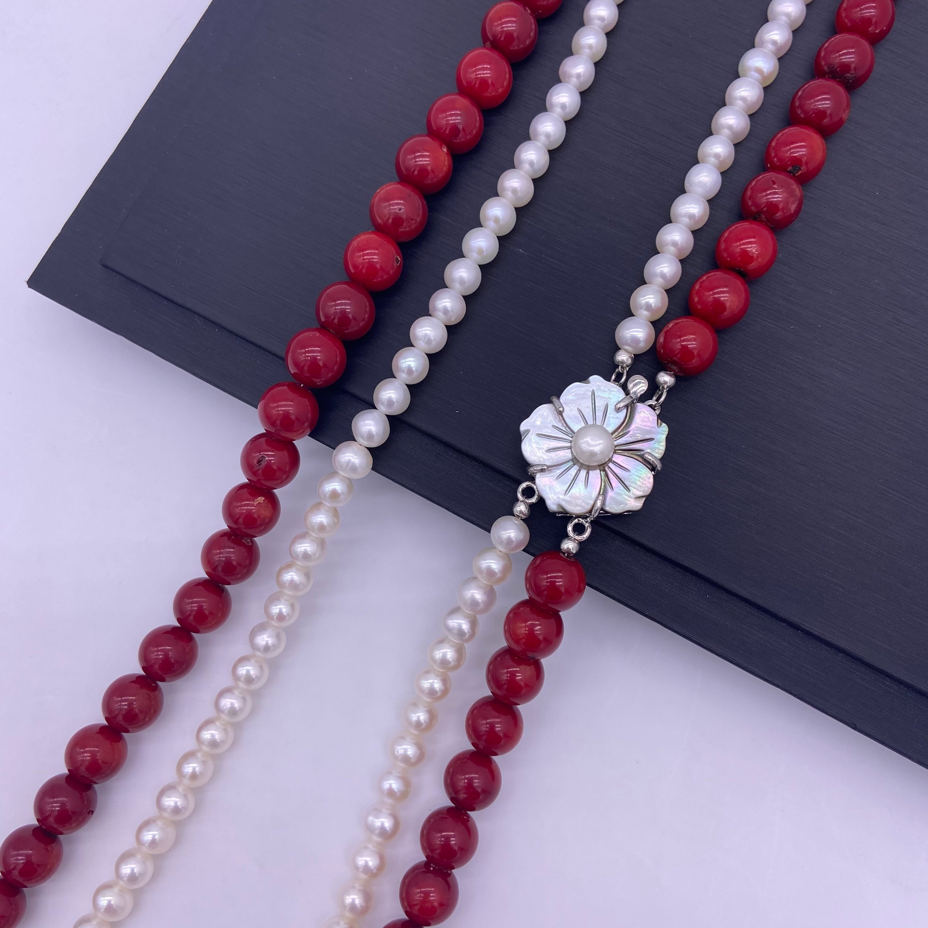 Freshwater pearl with coral long necklace