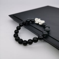 Unisex sterling silver 3D Pixiu with rainbow obsidian strech bracelet