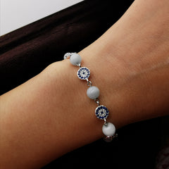 Handmade sterling silver evil eye with aquamarine adjustable bracelet