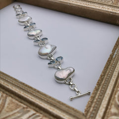 Unique sterling silver with nature baroque pearl+nature Topaz bracelet