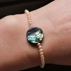 3mm mini pink freshwater pearl with Paua shell stretch bracelet